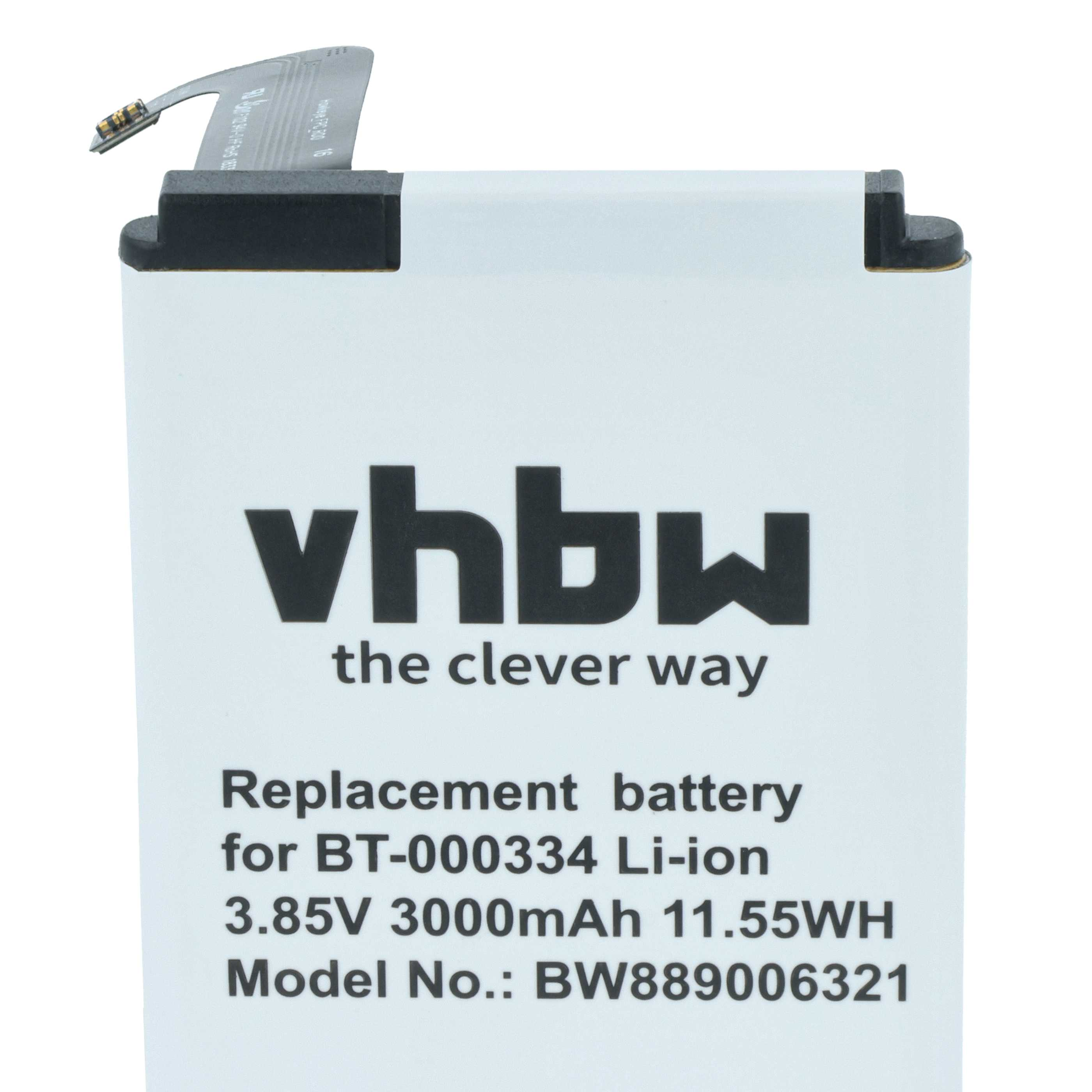 Ein weißer Akku mit schwarzem Text. Es steht vhbw, Ersatzbatterie für BT-000334 Li-Ion, 3,85 V, 3000 mAh.