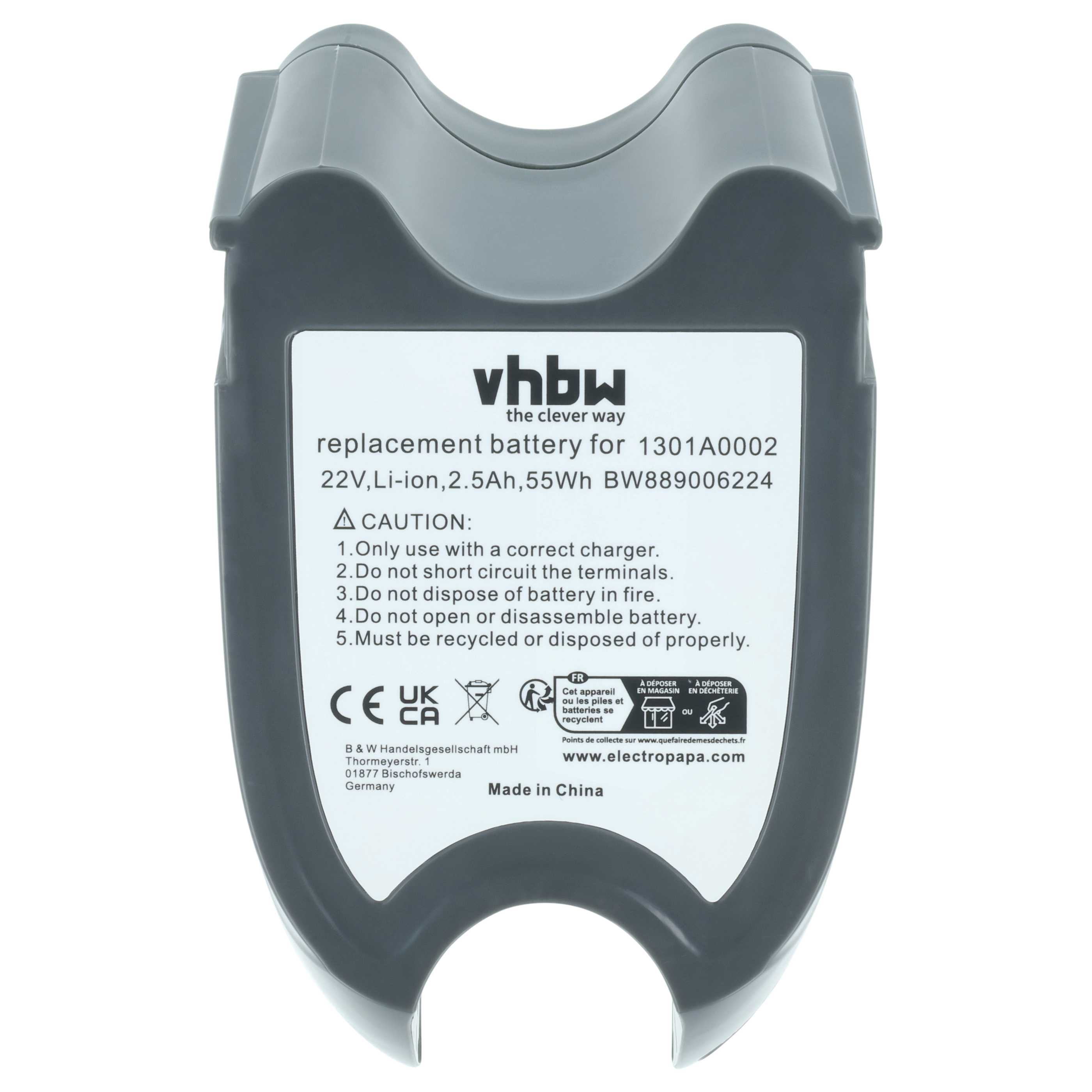 Ein graues Akkupack mit weißem Etikett, dem Logo 'vhbw' und Text zu den Batteriespezifikationen.