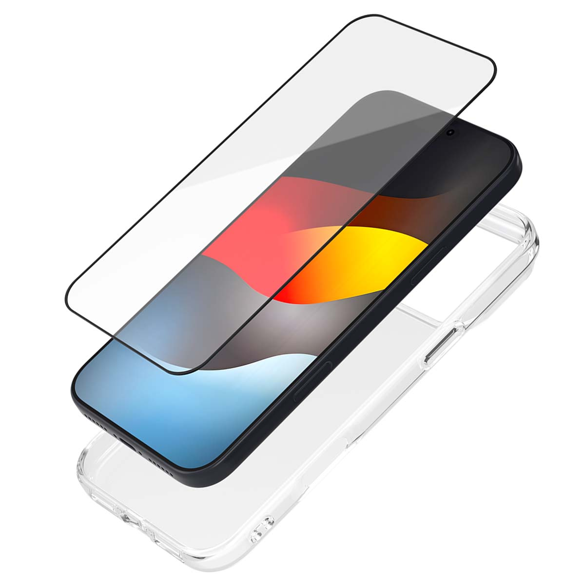 Un telefono con protezione schermo e custodia. Il telefono ha una cornice nera, lo schermo mostra colori rosso, giallo e blu.