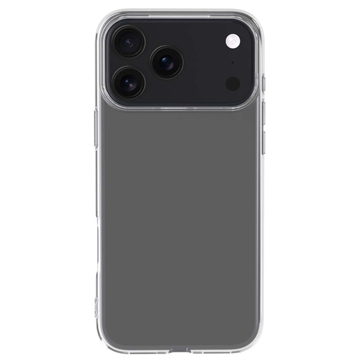 Una custodia trasparente per telefono, che mostra il retro di un telefono. Il telefono ha un retro grigio scuro con lenti della fotocamera.