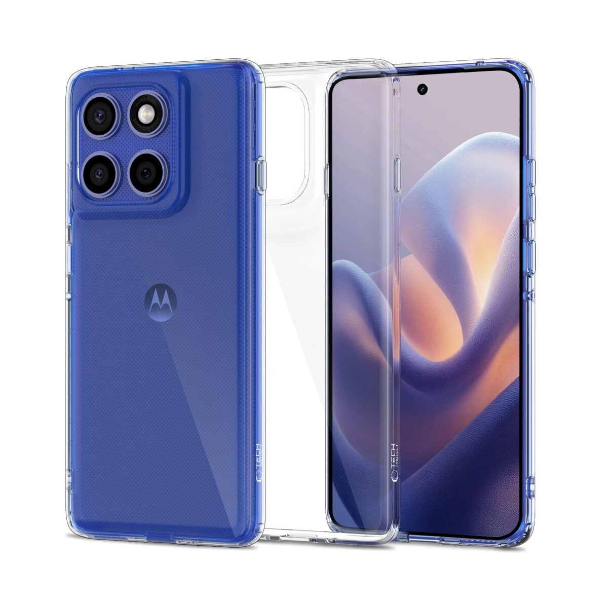Ein blaues Motorola-Telefon mit einer durchsichtigen Schutzhülle. Das Telefon hat eine Vierfach-Kamera und ein Motorola-Logo.