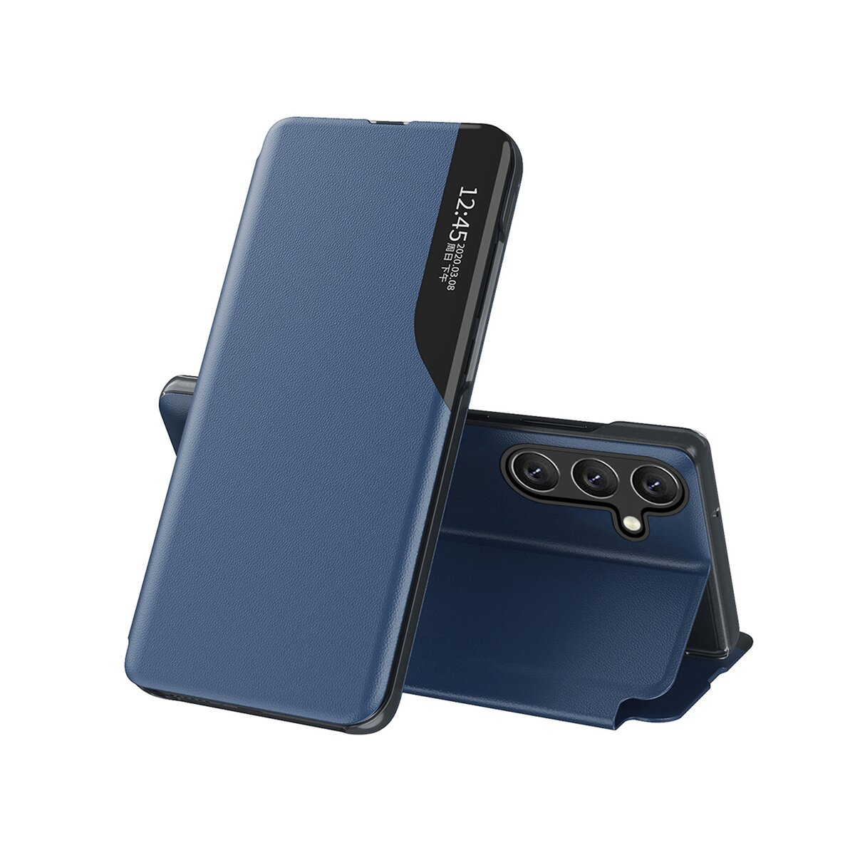Eine blaue Handyhülle ist geöffnet und gibt ein Handy mit Kameras frei. Die Abdeckung zeigt die Uhrzeit und das Datum: 12:45, 2020.03.08.