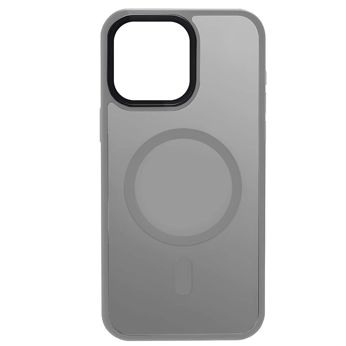 Eine graue Handyhülle mit Kameraausschnitt und rundem Design auf der Rückseite. Es hat eine transparente Rückseite.