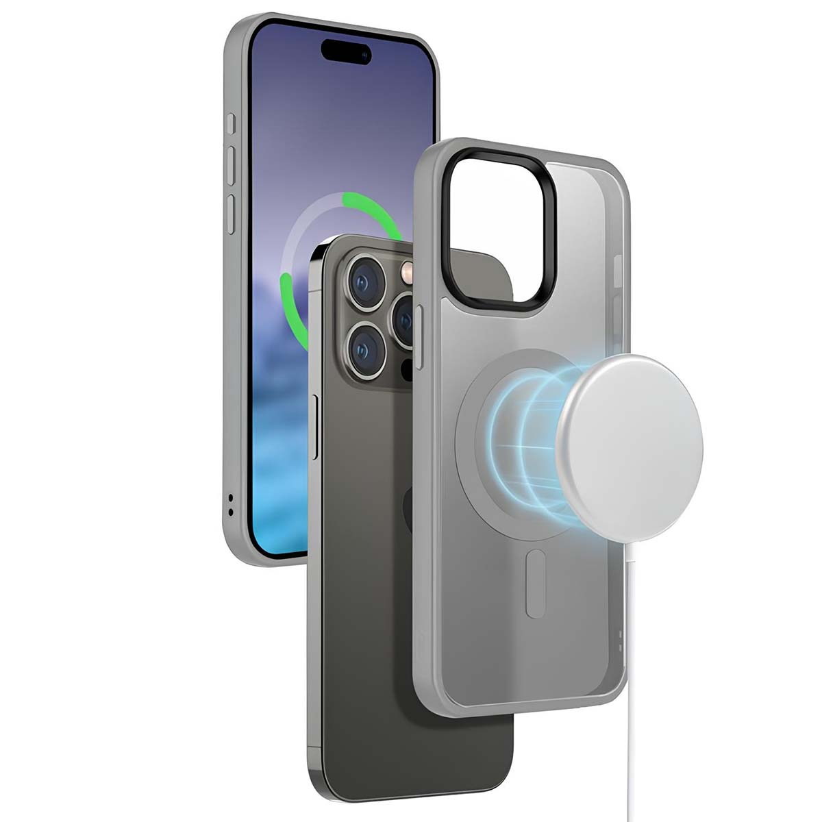 Ein Telefon, das mit einem kabellosen Ladegerät geladen wird. Das Telefon befindet sich in einer Hülle. Das Ladegerät ist mit einem Kabel verbunden.