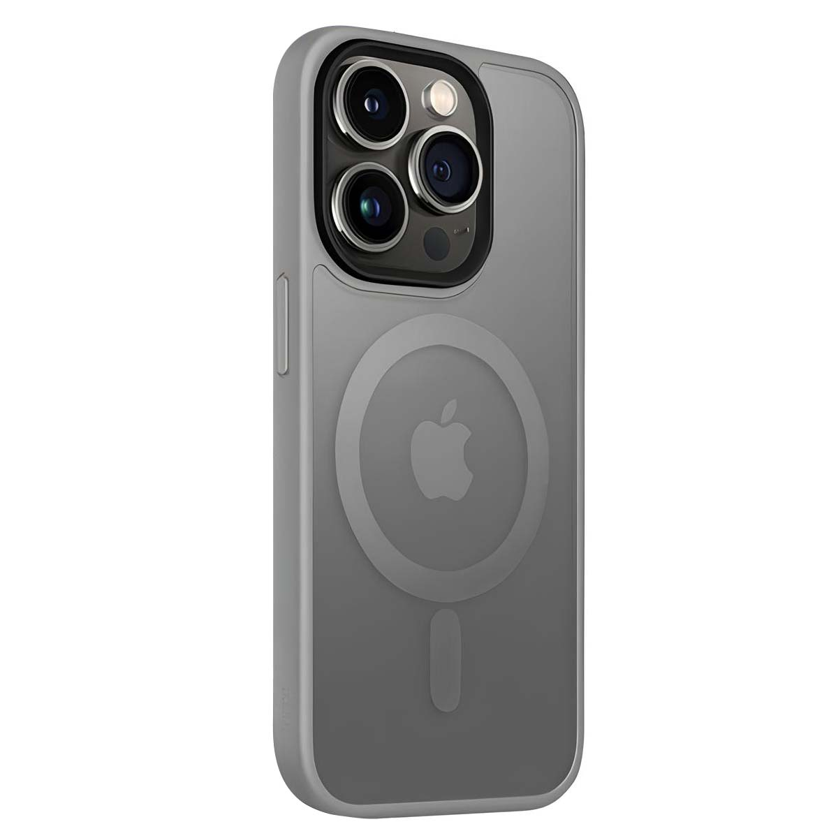 Graue iPhone-Hülle mit MagSafe-Ring und Apple-Logo. Die Hülle hat einen Kameraausschnitt mit drei Linsen.