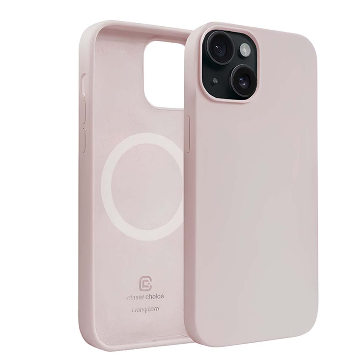 Due custodie rosa per telefono. Una aperta, che mostra l'interno. L'altra chiusa con lenti della fotocamera visibili. Entrambe su sfondo bianco.