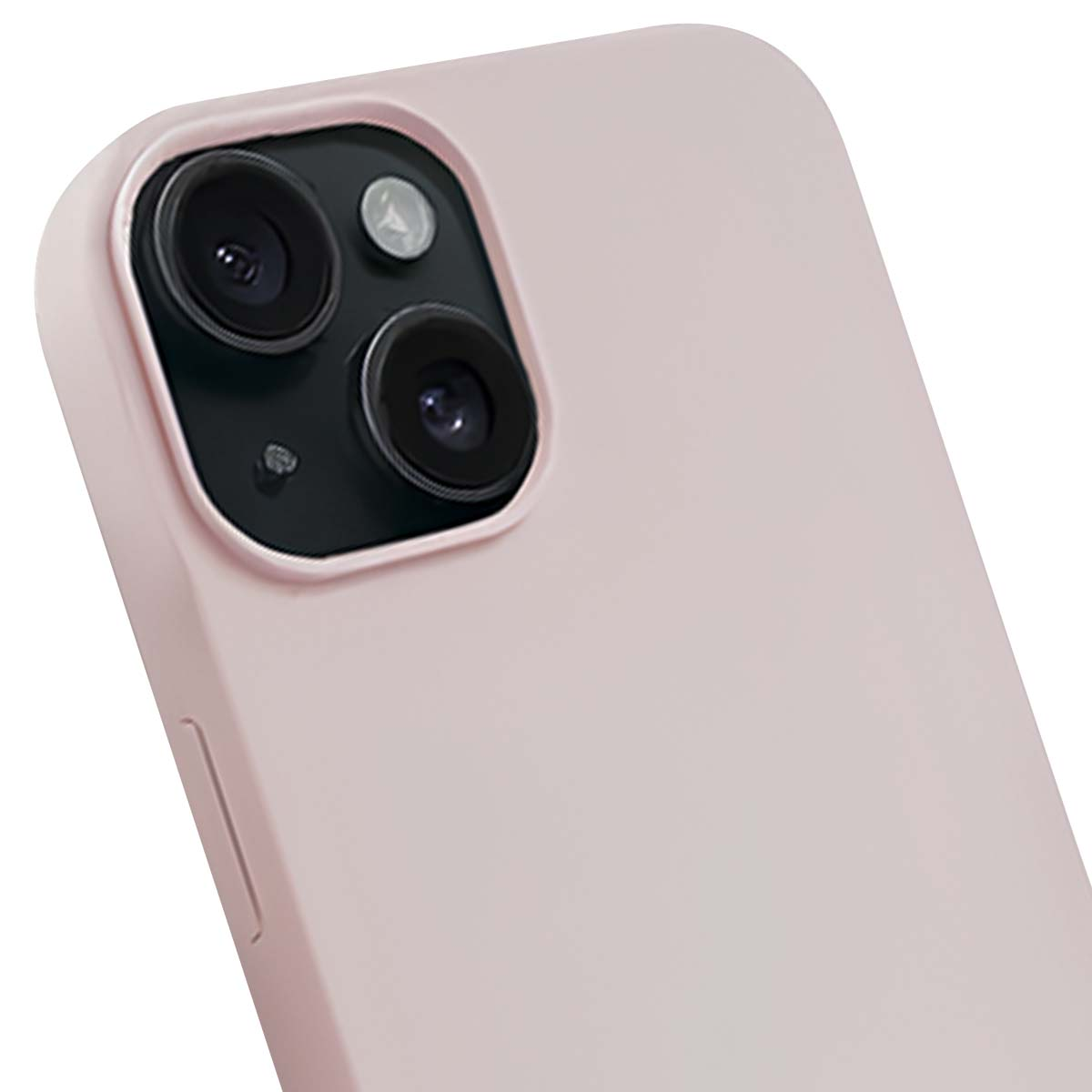 Una vista ravvicinata di una custodia rosa per telefono. Le lenti della fotocamera sono visibili con un piccolo flash. La custodia è leggermente angolata.