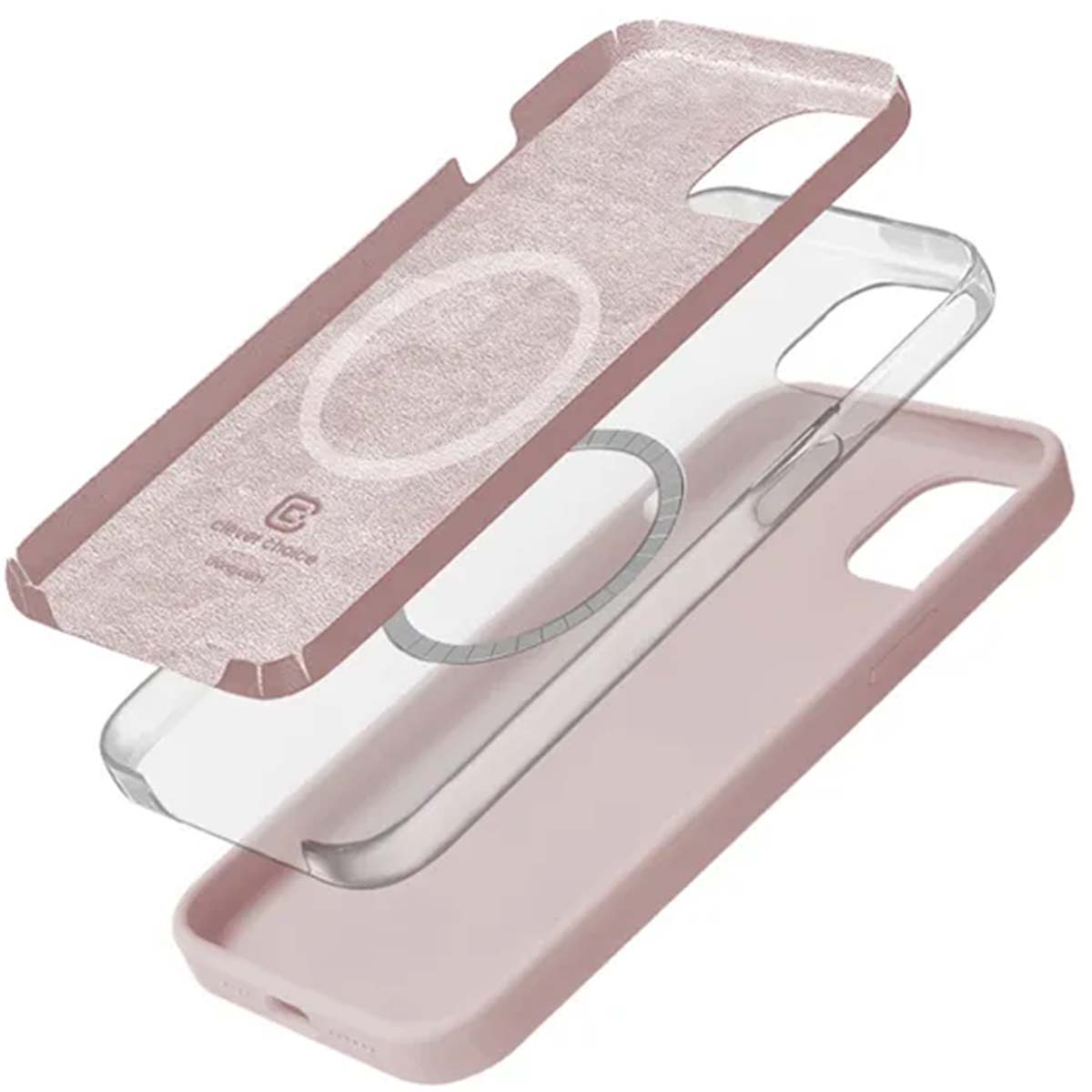 Custodia per telefono a tre strati. Esterno rosa, centro trasparente e interno rosa con logo 'Clever Choice'. Gli strati sono leggermente separati.