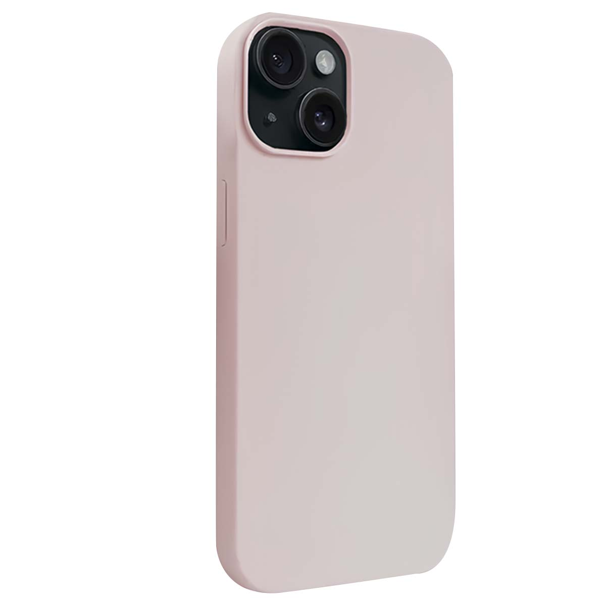 Una custodia per telefono rosa chiaro con un modulo fotocamera. La custodia è liscia e ha angoli arrotondati. Lo sfondo è bianco.