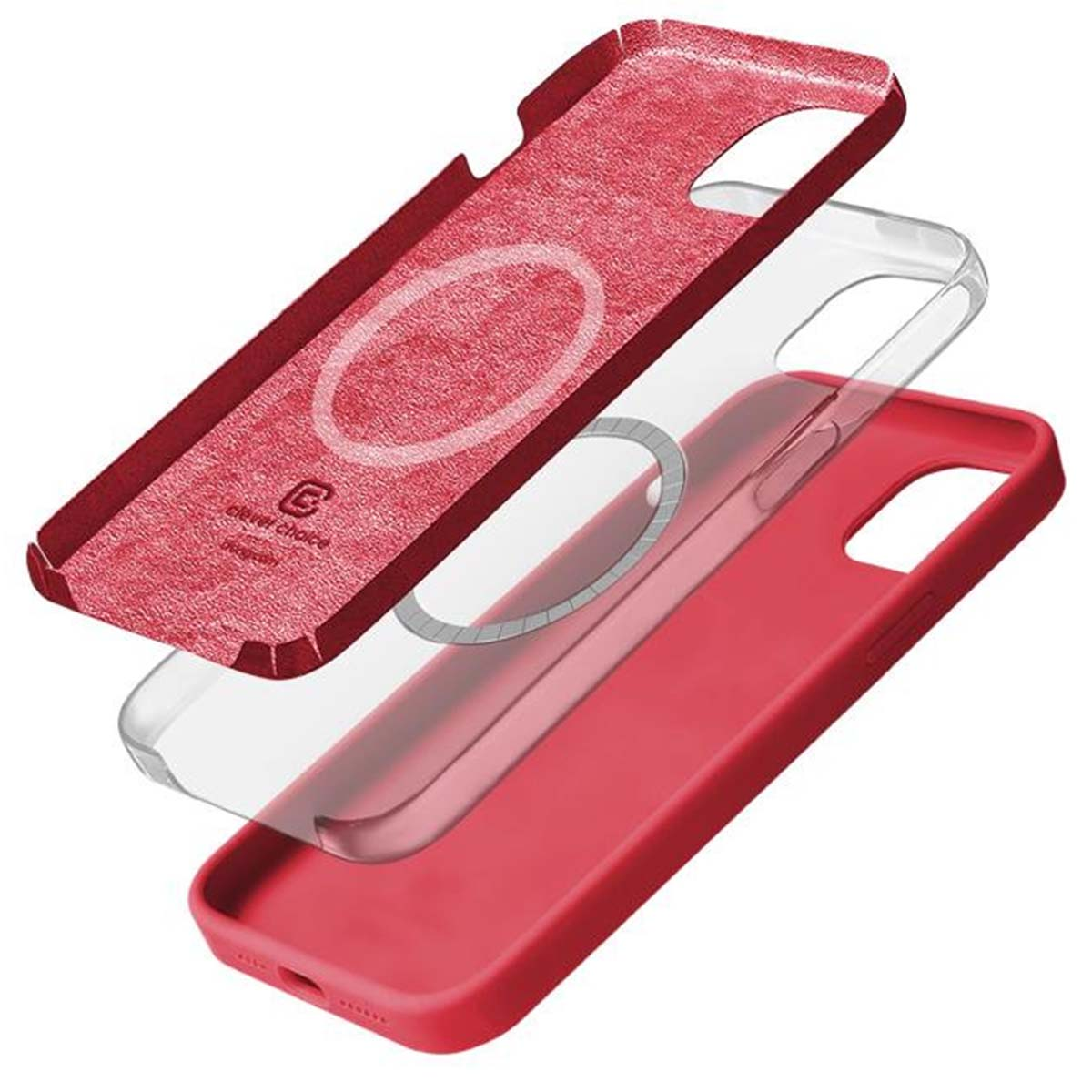 Custodia per telefono a tre strati: esterno rosso, centro trasparente, interno rosso. Lo strato superiore è sollevato, logo Clever Choice visibile.