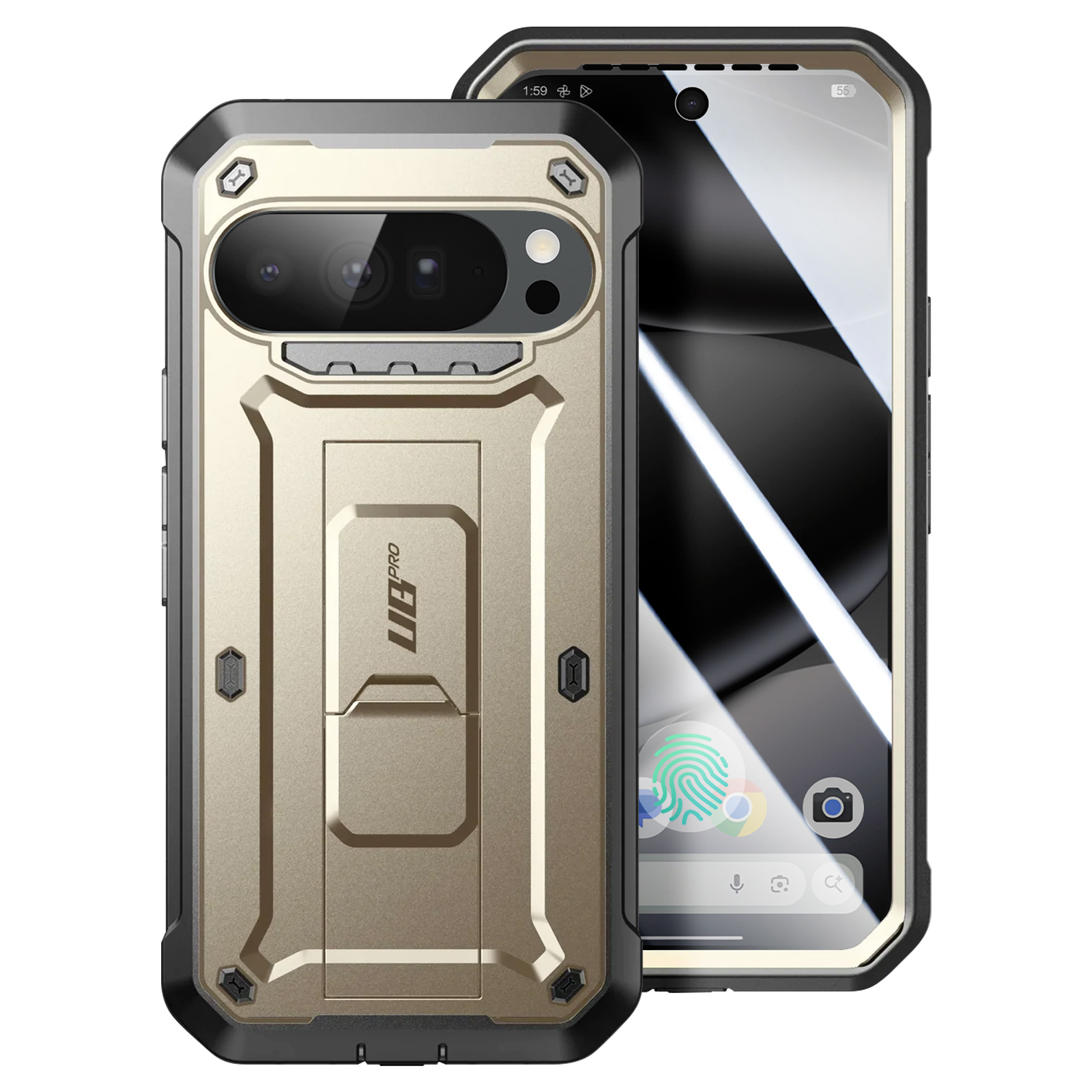 Uno smartphone in una custodia protettiva dorata e nera è in mostra. Lo schermo è visibile con icone.