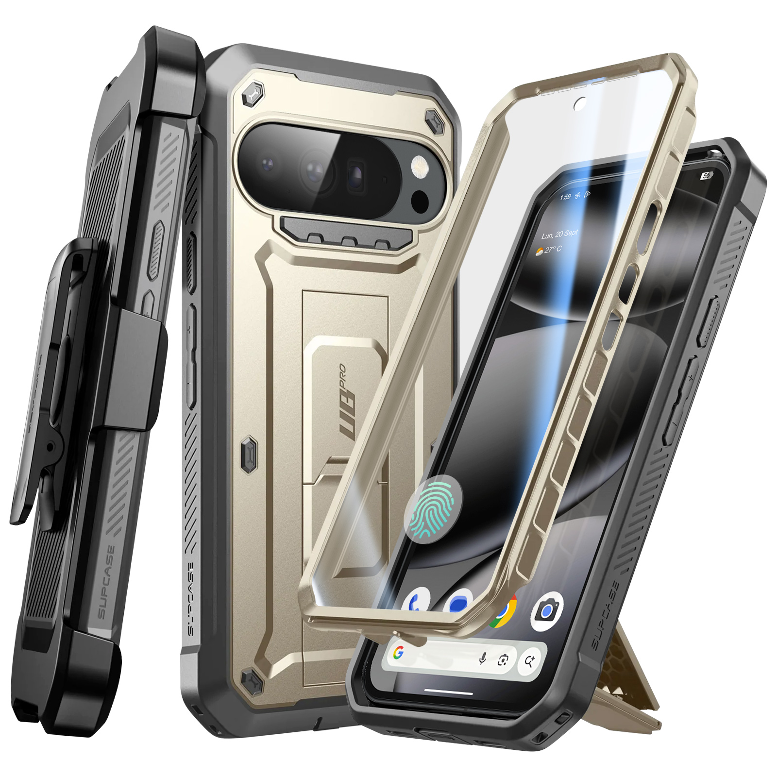 Un telefono in una custodia robusta viene visualizzato con i componenti della custodia separati, insieme a una clip da cintura.
