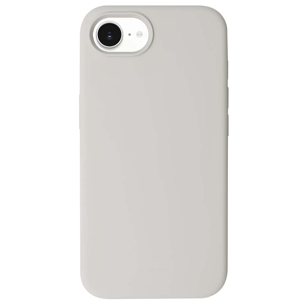 Una custodia per telefono grigio chiaro, con aperture per fotocamera e flash nell'angolo in alto a sinistra.