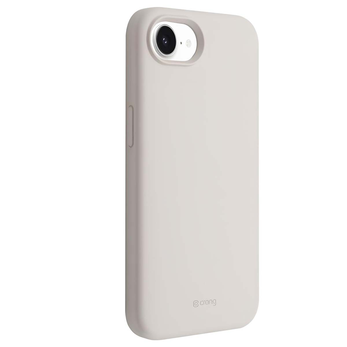 Una custodia per telefono grigio chiaro con un ritaglio per la fotocamera e angoli arrotondati. Ha una superficie liscia ed è visibile il marchio 'crong'.