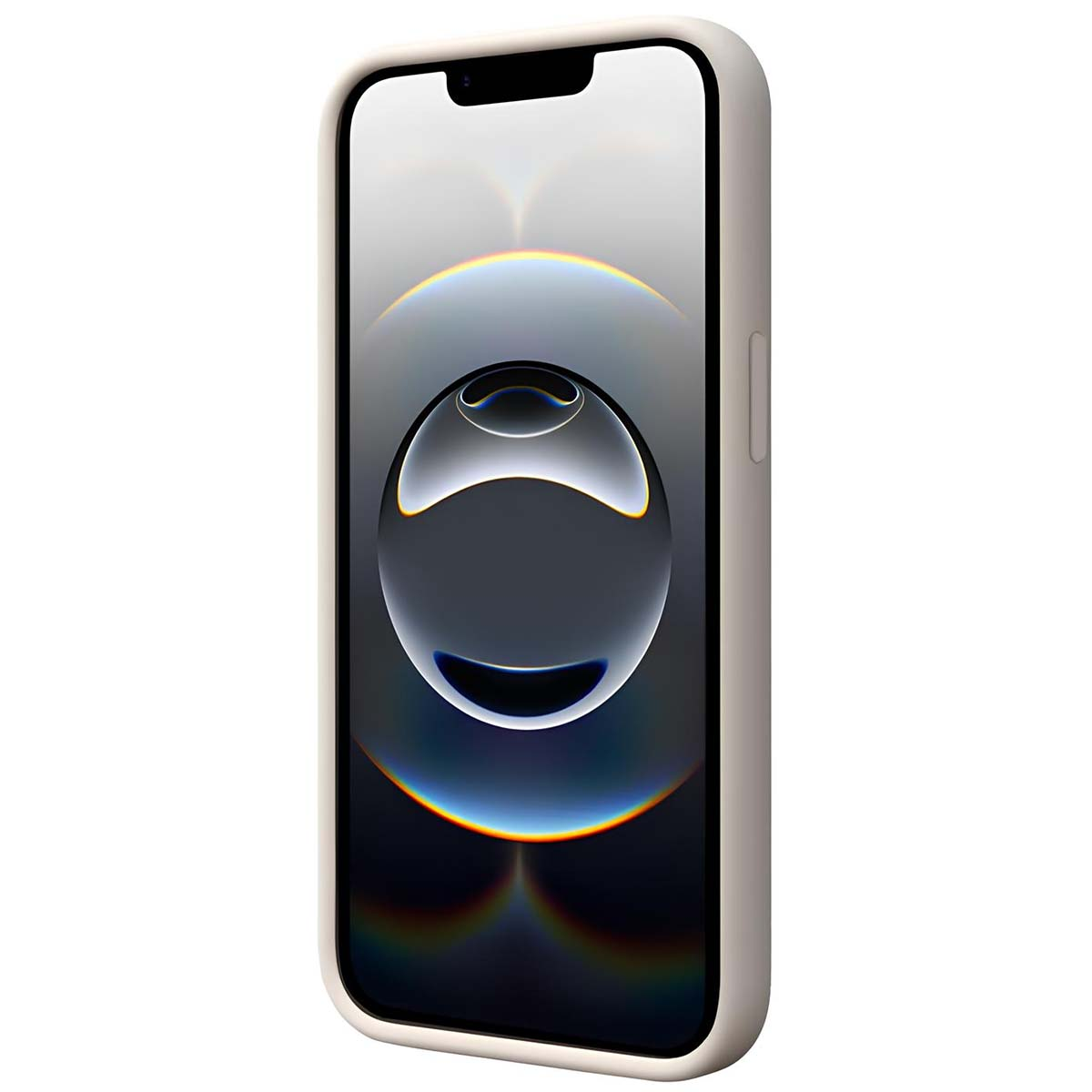 Un iPhone in una custodia bianca. Lo schermo mostra un'immagine scura con una sfera luminosa e un notch nero in alto.