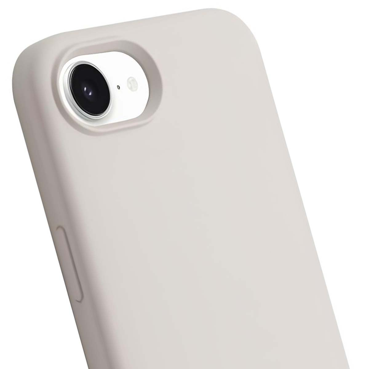 Primo piano di una custodia per telefono grigio chiaro. La custodia ha un ritaglio per la fotocamera con lente nera e un piccolo punto bianco.