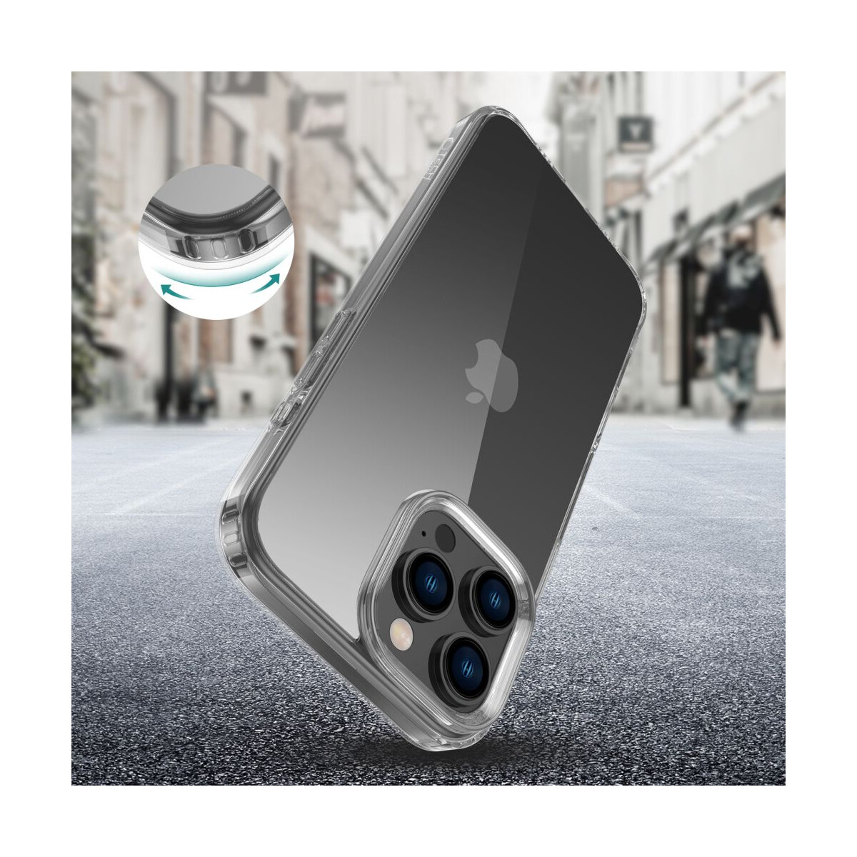 Eine transparente Handyhülle mit schwarzem Farbverlauf. Die Hülle ist abgewinkelt und zeigt die Kamera und das Apple-Logo.