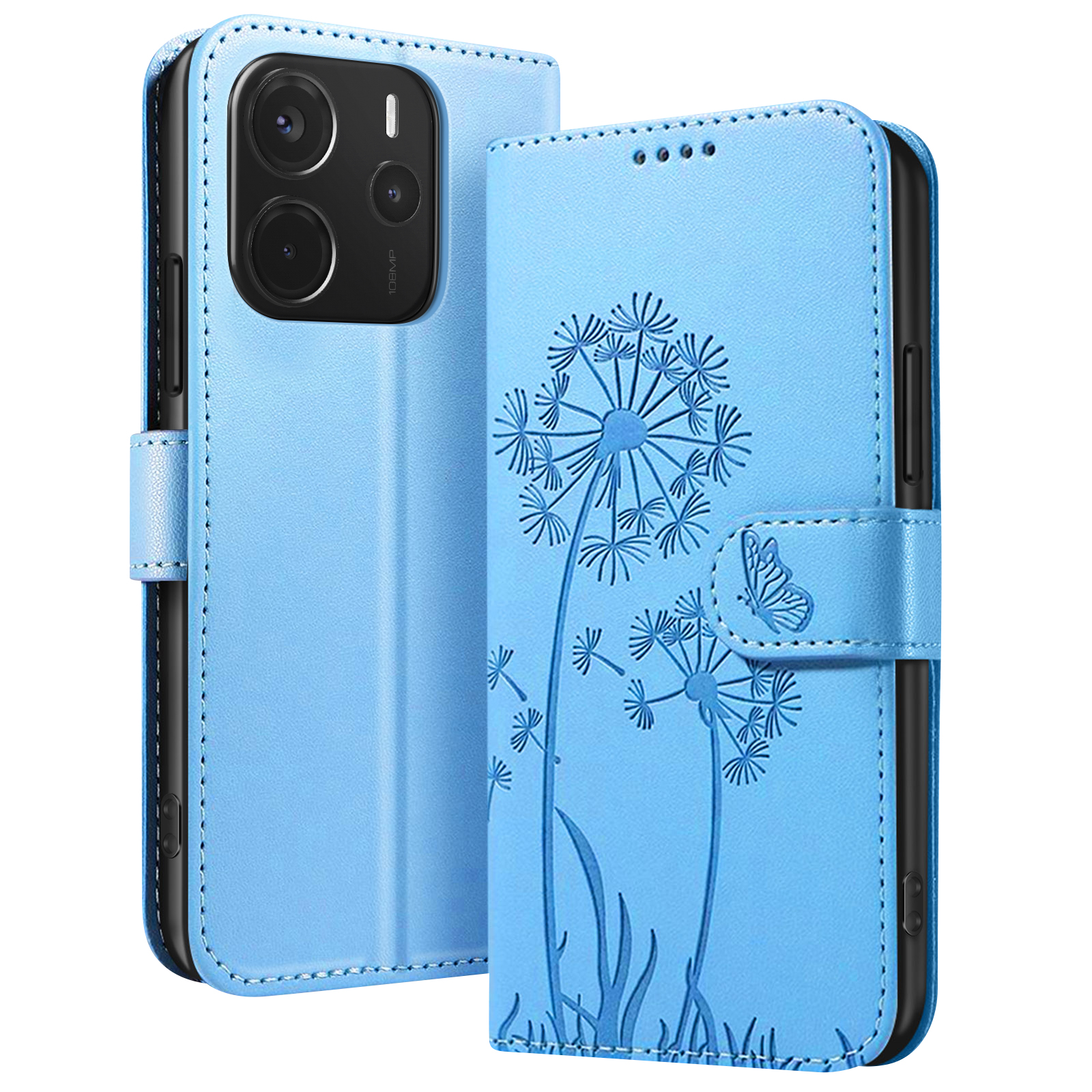 Custodia blu per telefono con design di dente di leone e farfalla. Il telefono è a sinistra e la custodia è aperta.