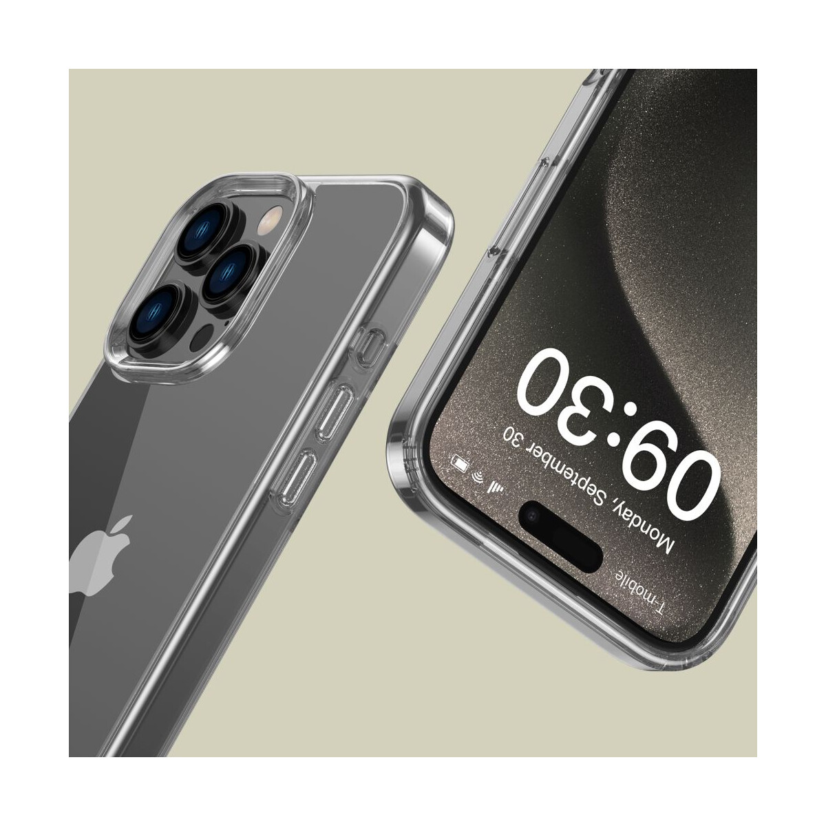 Zwei iPhones in transparenten Hüllen. Eines zeigt die Uhrzeit 09:30, das andere das Apple-Logo und Kameralinsen.