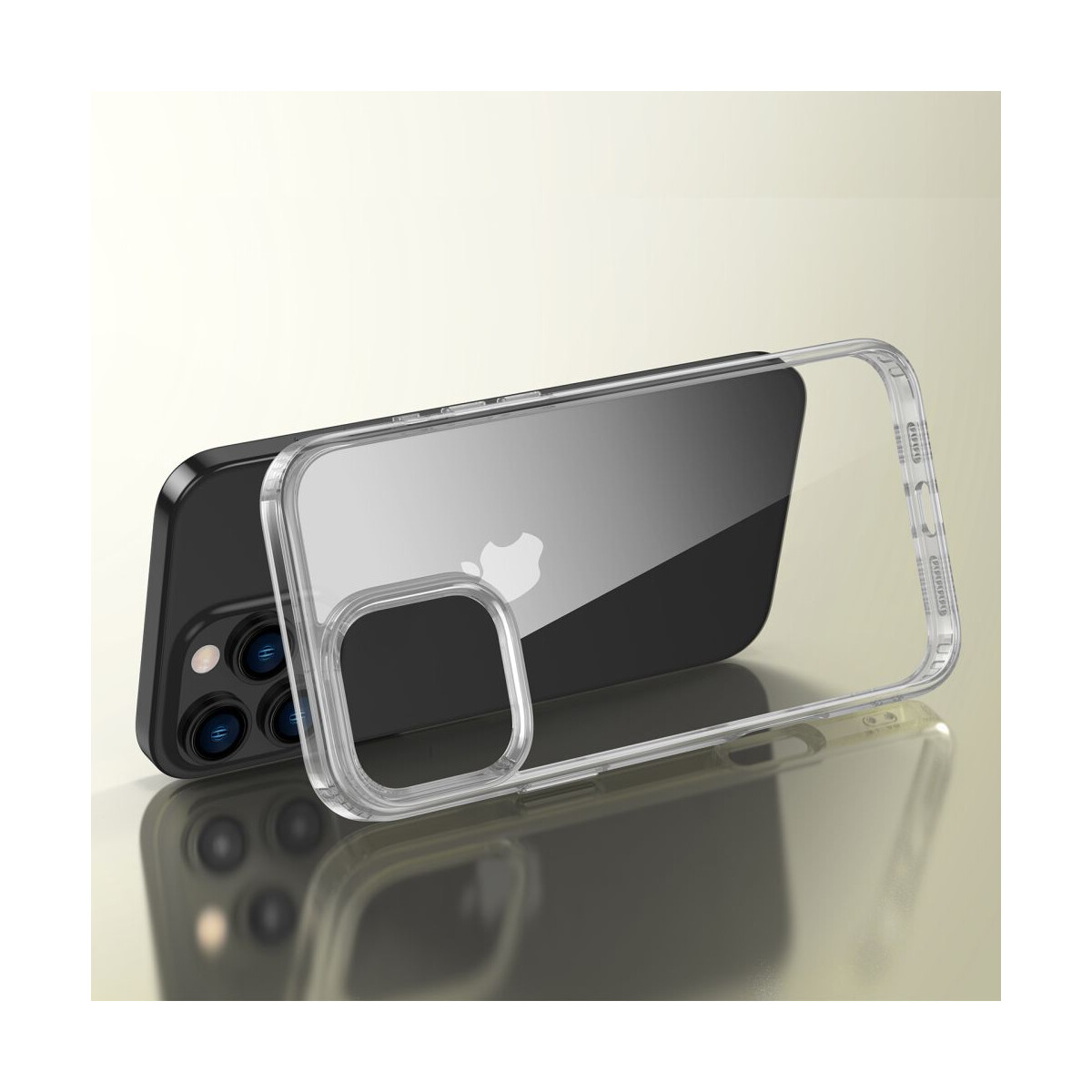 Ein schwarzes iPhone mit einer transparenten Handyhülle. Die Hülle liegt separat vor dem Telefon. Der Hintergrund ist ein Farbverlauf.