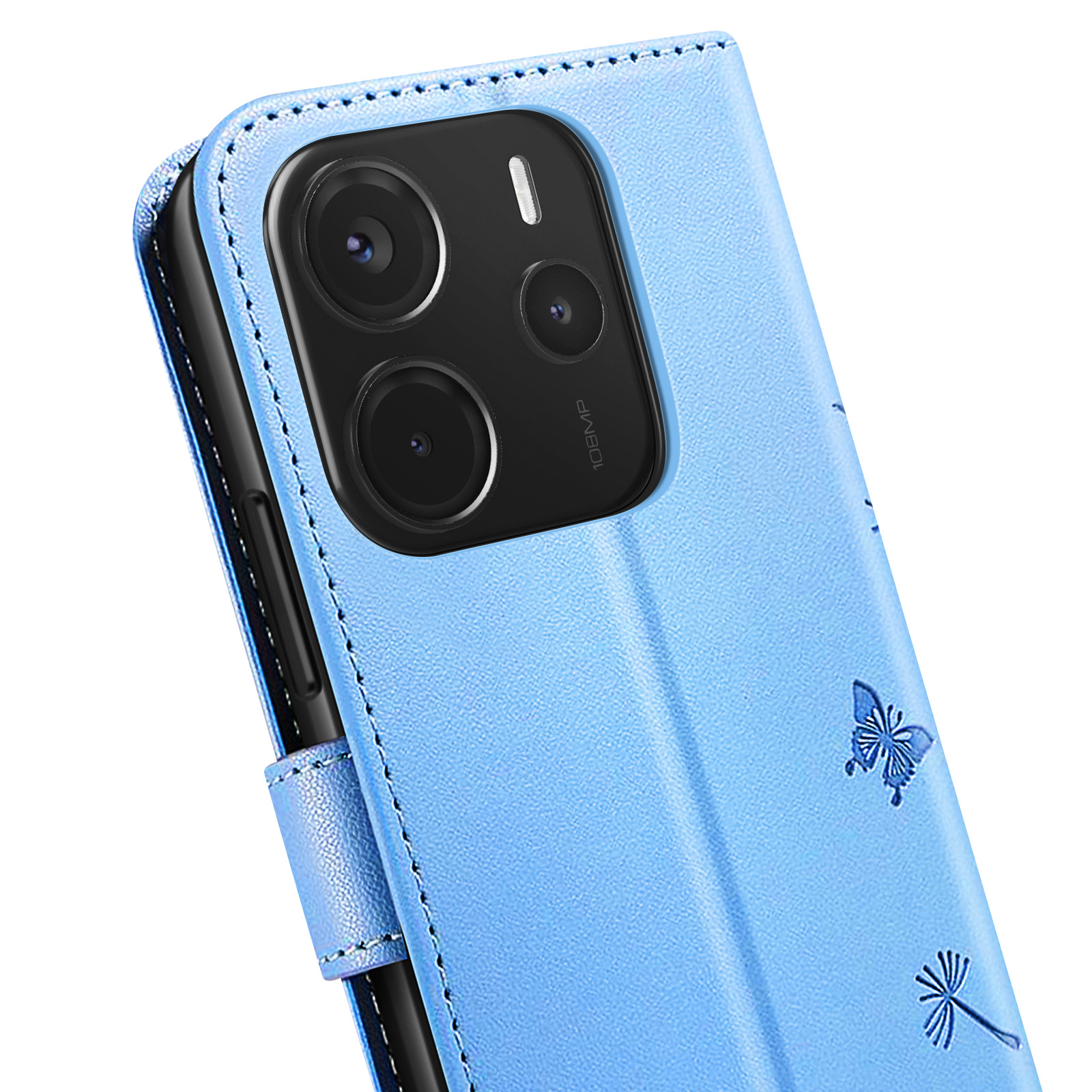 Primo piano di una custodia blu per telefono con modulo fotocamera nero. Sono visibili motivi a farfalla e floreali.
