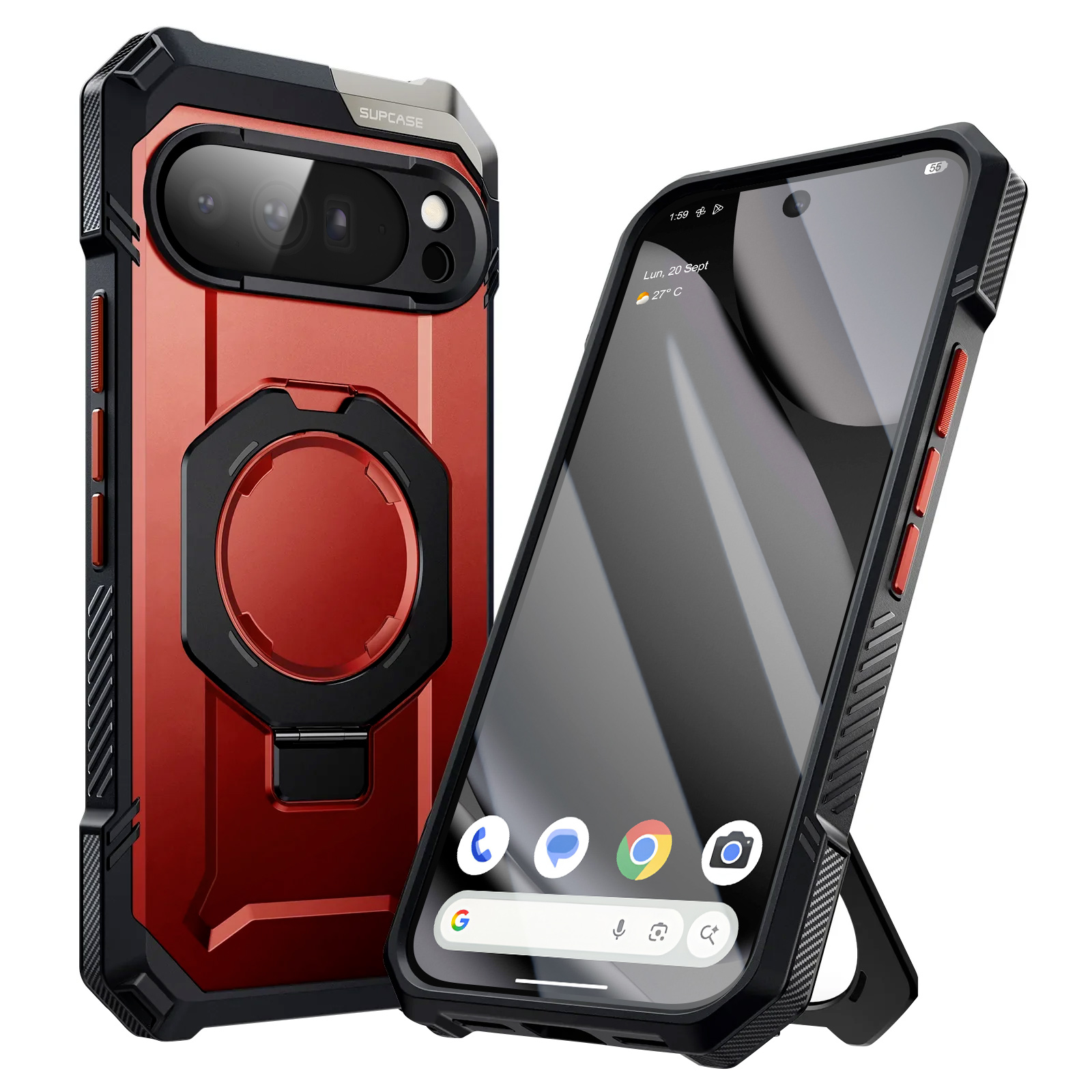 Ein Telefon in einer rot-schwarzen Hülle wird angezeigt. Der Bildschirm zeigt Symbole. Ein Ständer stützt das Telefon.