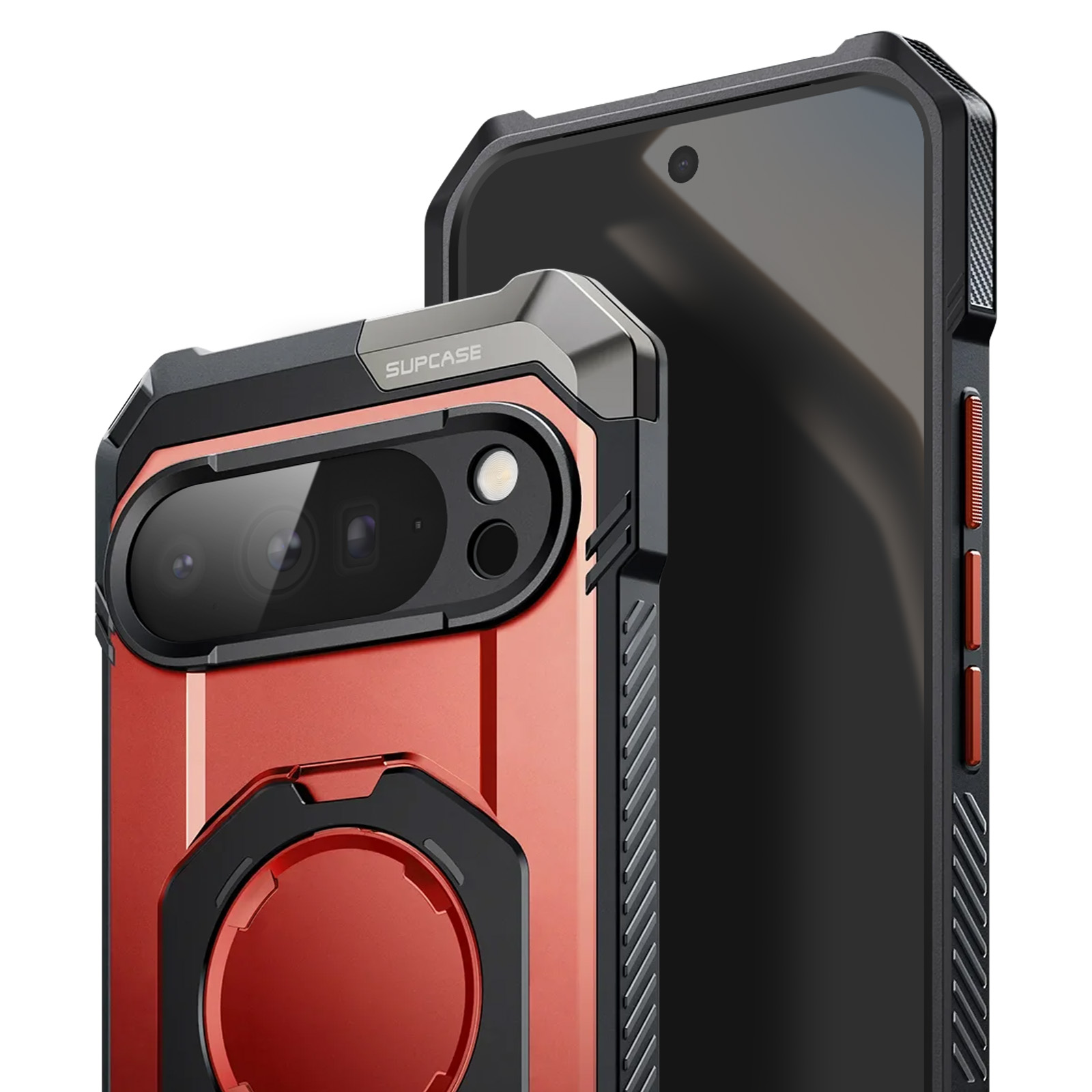 Eine rot-schwarze Handyhülle mit Kameraausschnitt steht neben einem Telefon. Die Hülle ist von Supcase.