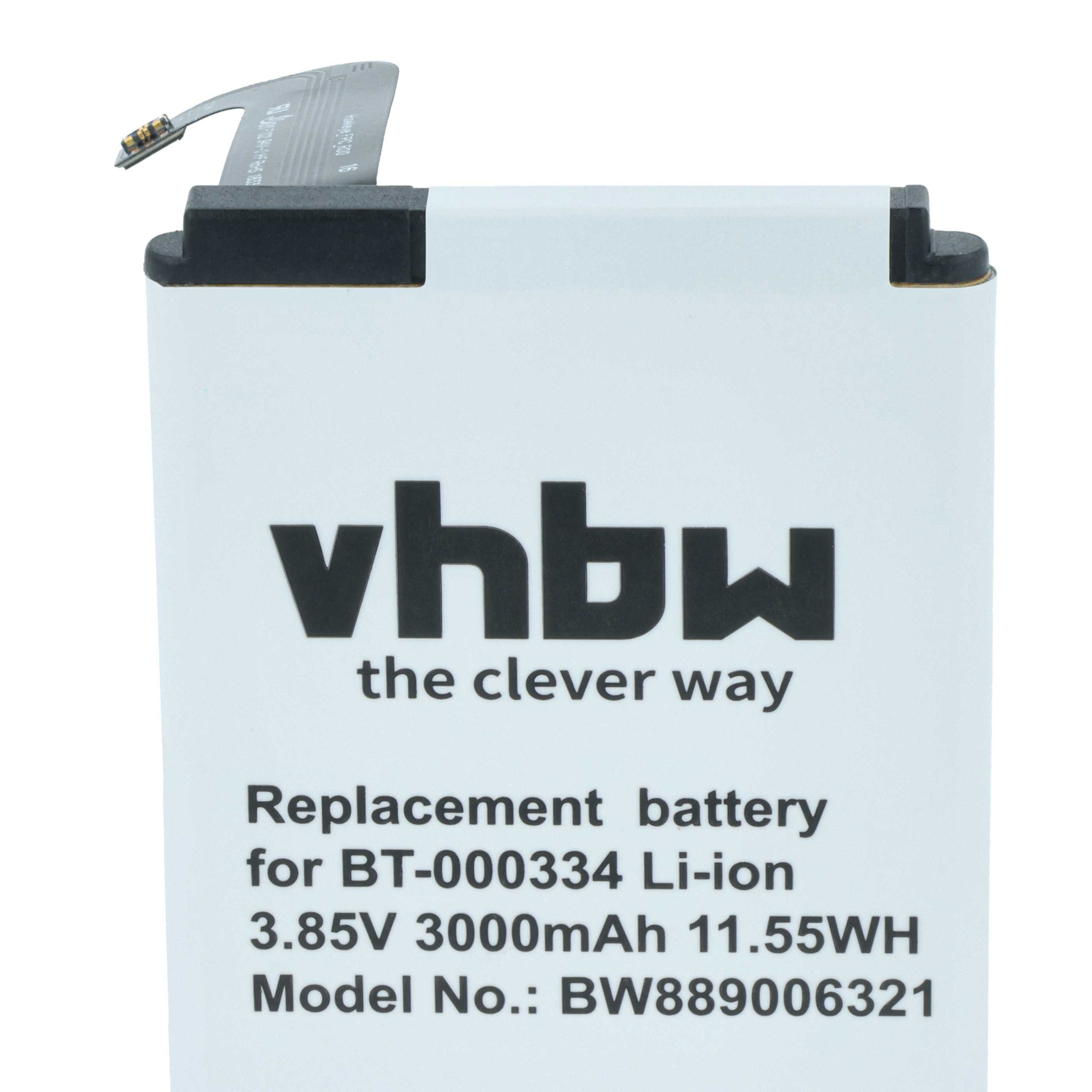 Ein weißer Akku mit schwarzem Text. Er trägt die Aufschrift 'vhbw' und 'Ersatzbatterie'. Oben befindet sich ein schwarzer Stecker.