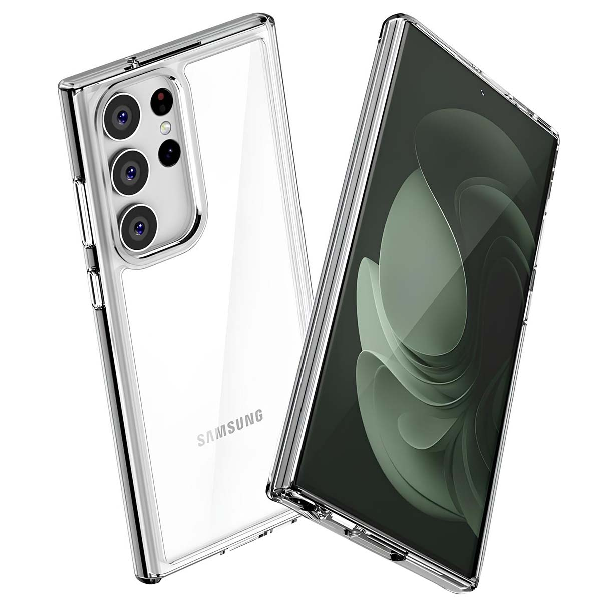 Custodia trasparente e telefono. La custodia è trasparente con bordo argentato. Il telefono mostra un design verde e grigio.