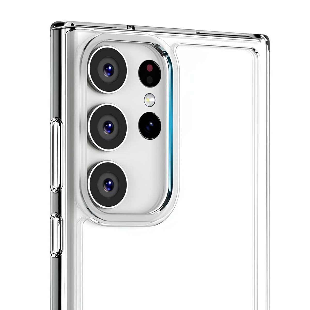 Primo piano di una custodia trasparente per telefono con un modulo fotocamera multi-lente. La custodia è trasparente, le lenti sono visibili.