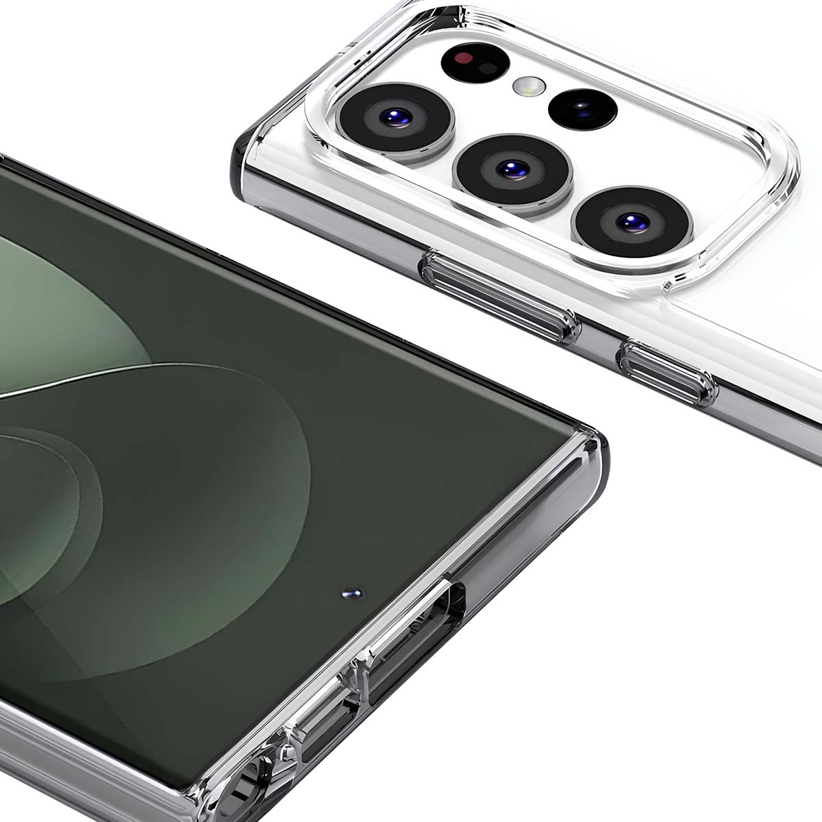 Due custodie trasparenti per telefono, una con lenti della fotocamera visibili e l'altra con uno schermo. Sfondo bianco.