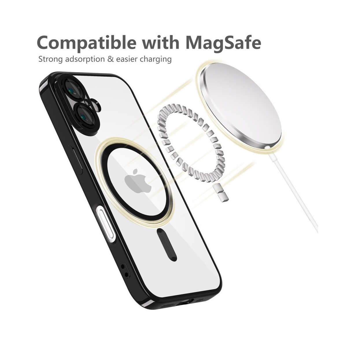 Eine Handyhülle mit MagSafe-Ladegerät. Die Hülle ist schwarz und transparent, das Ladegerät ist weiß und silber.