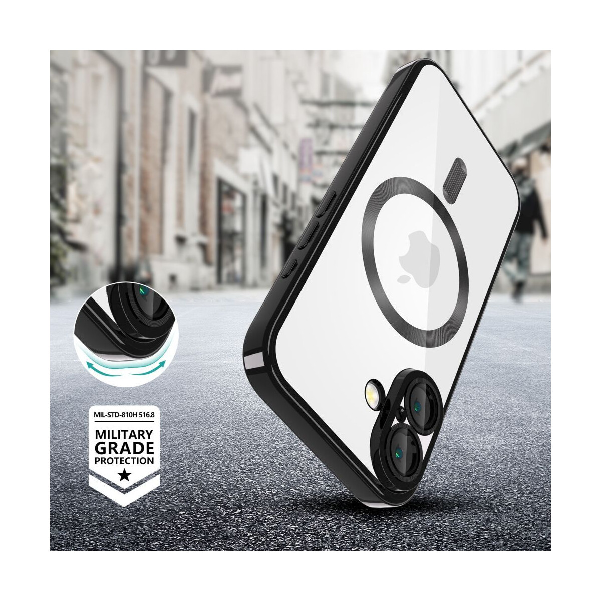 Eine Handyhülle mit schwarzem Rahmen und klarer Rückseite, die ein Apple-Logo zeigt. Der Hintergrund ist eine verschwommene Straßenszene.