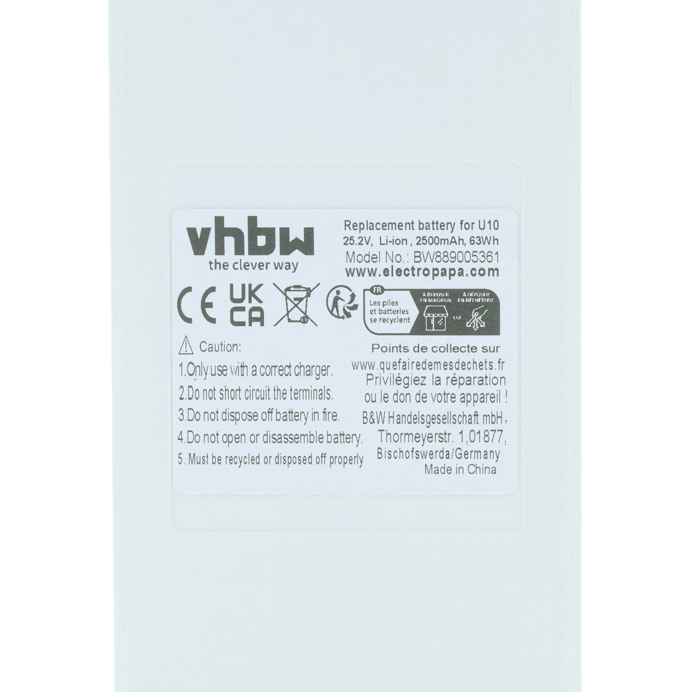 Ein weißes Batterieetikett mit schwarzem Text. Enthält Warnhinweise, Recycling-Symbole und Produktdetails.