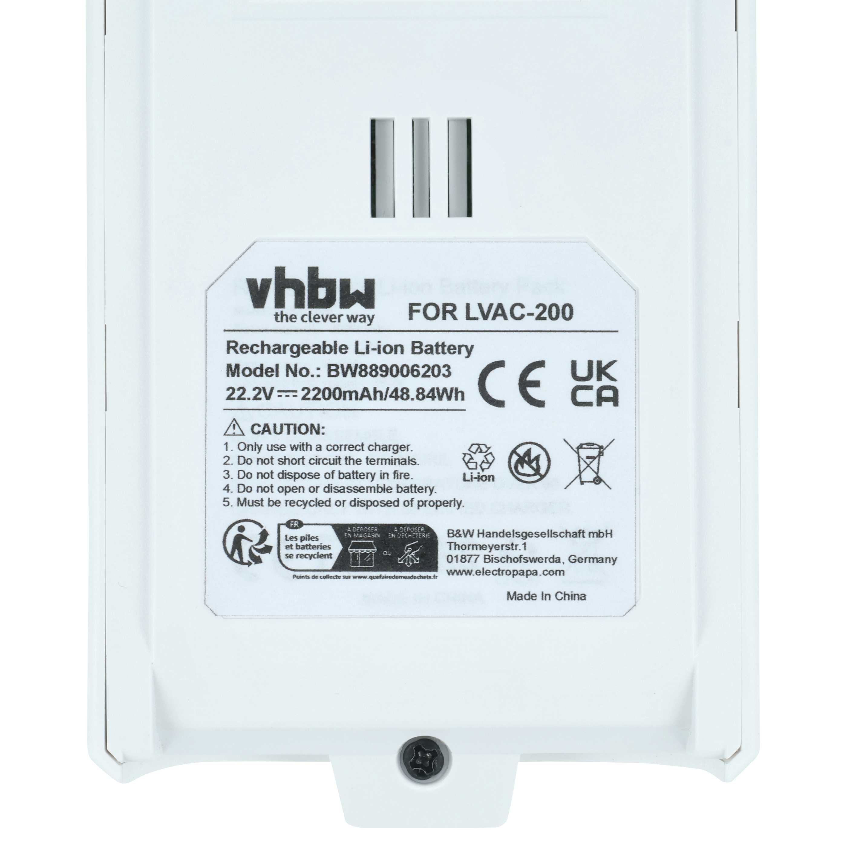 Weißer Akku mit Text und Symbolen. Enthält das Logo 'vbhw' und 'Rechargeable Li-ion Battery'. Vorsicht- und Recycling-Symbole.
