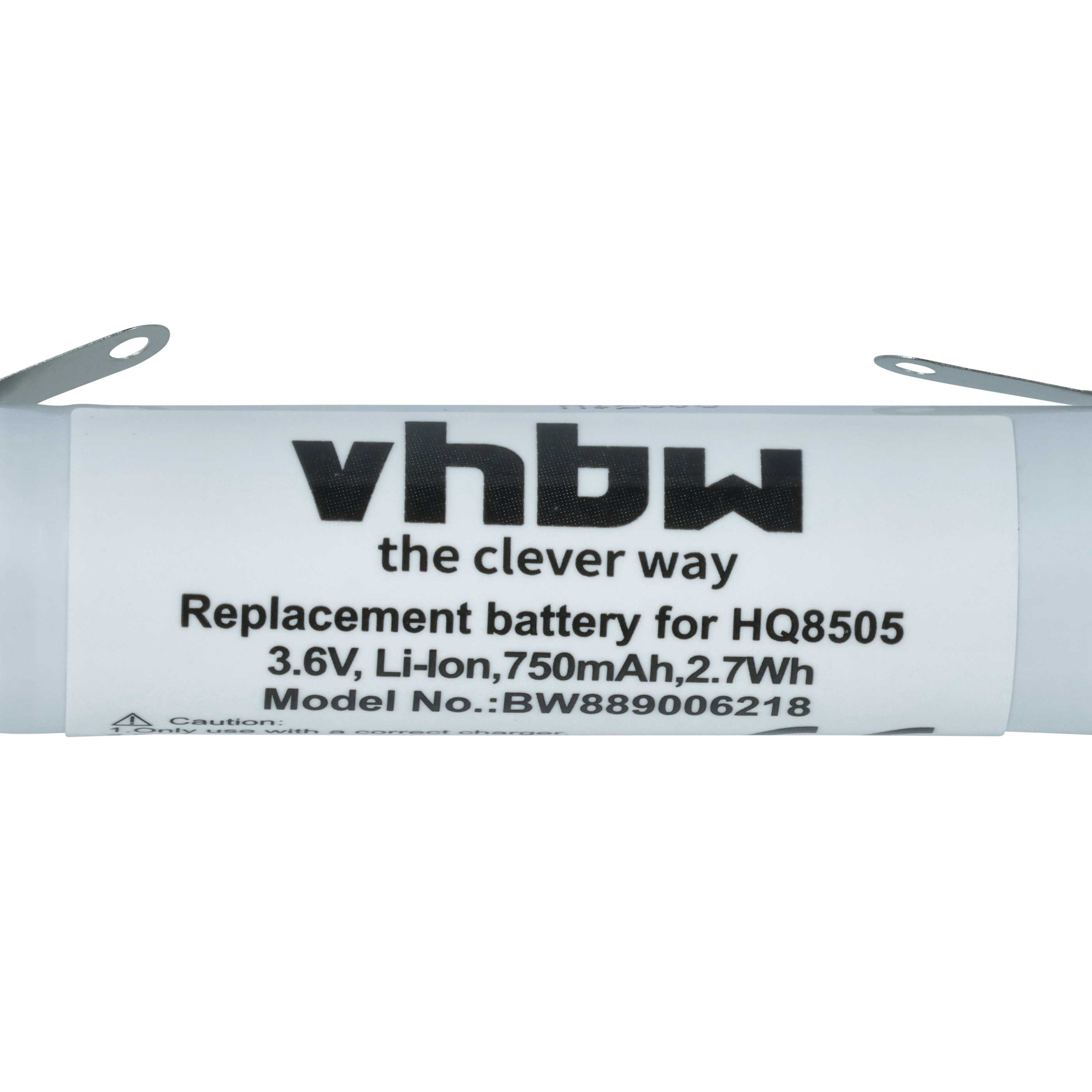 Ein weißer Akku mit schwarzem Text. Es steht vhbw, Ersatzbatterie, 3,6V, Li-Ion, 750mAh und Modell-Nr.: BW889006218.
