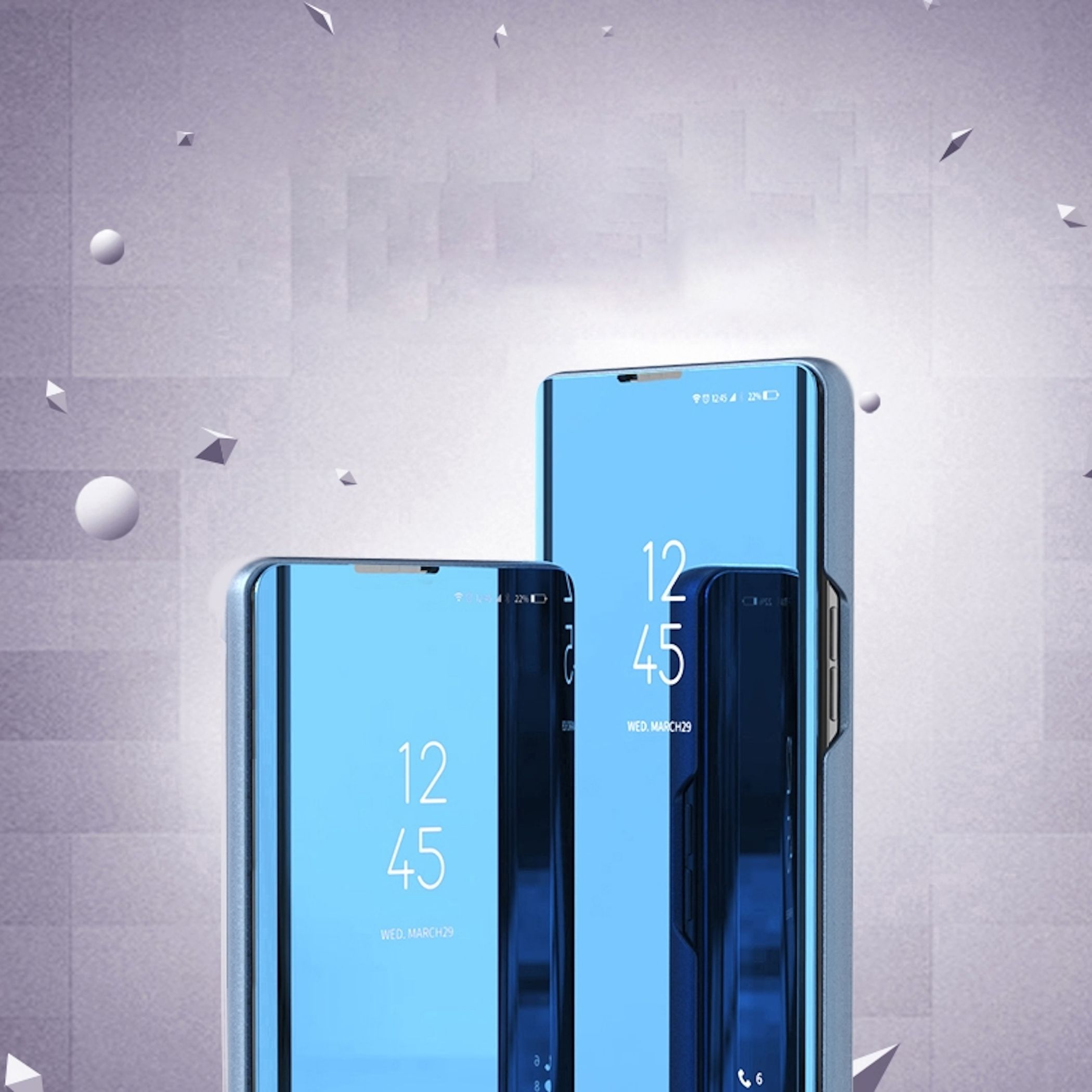 Drei Smartphones mit blauen Bildschirmen, die Zeit anzeigen, vor einem hellgrauen Hintergrund mit geometrischen Formen.
