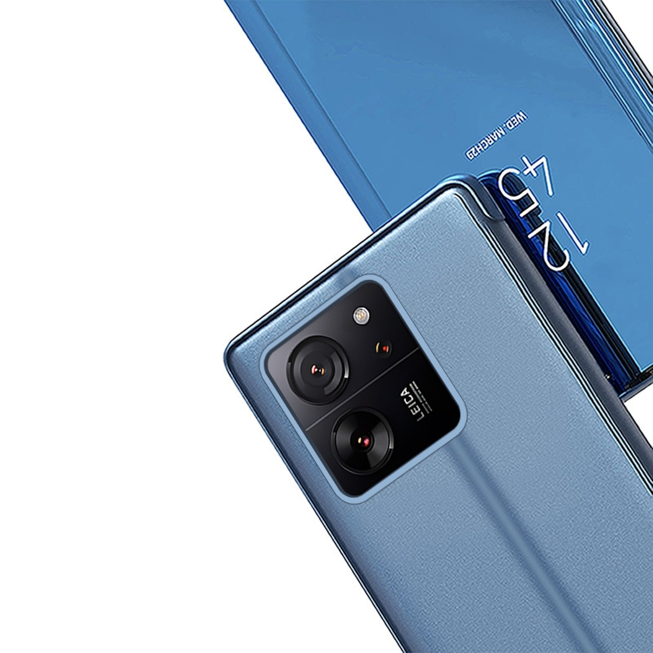Teléfono azul con cámara Leica. La pantalla muestra 12:45, miércoles 29 de marzo. Fondo blanco.