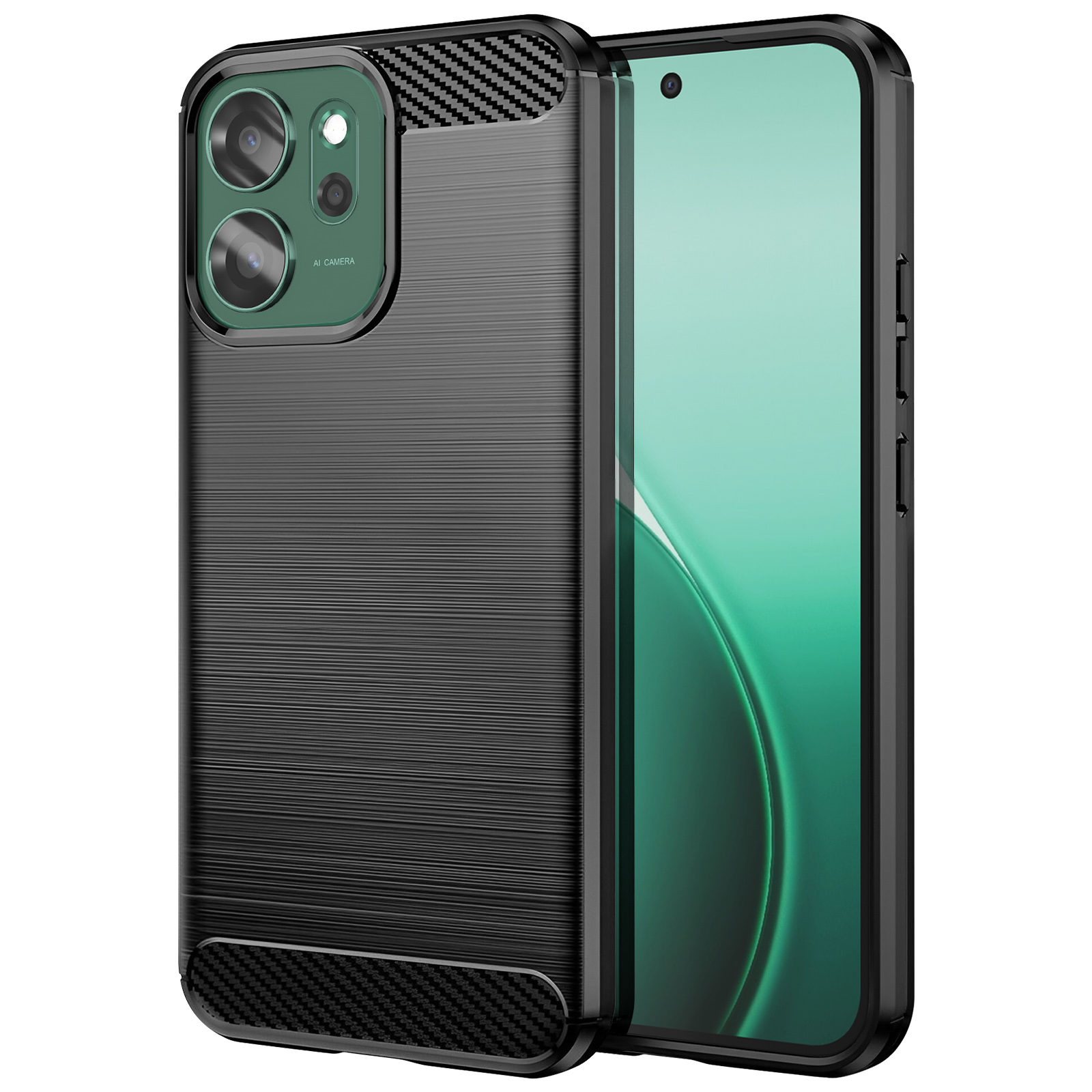 Coque de téléphone noire avec détail de caméra. L'écran du téléphone affiche un fond vert. La coque a une texture fibre de carbone et métal brossé.