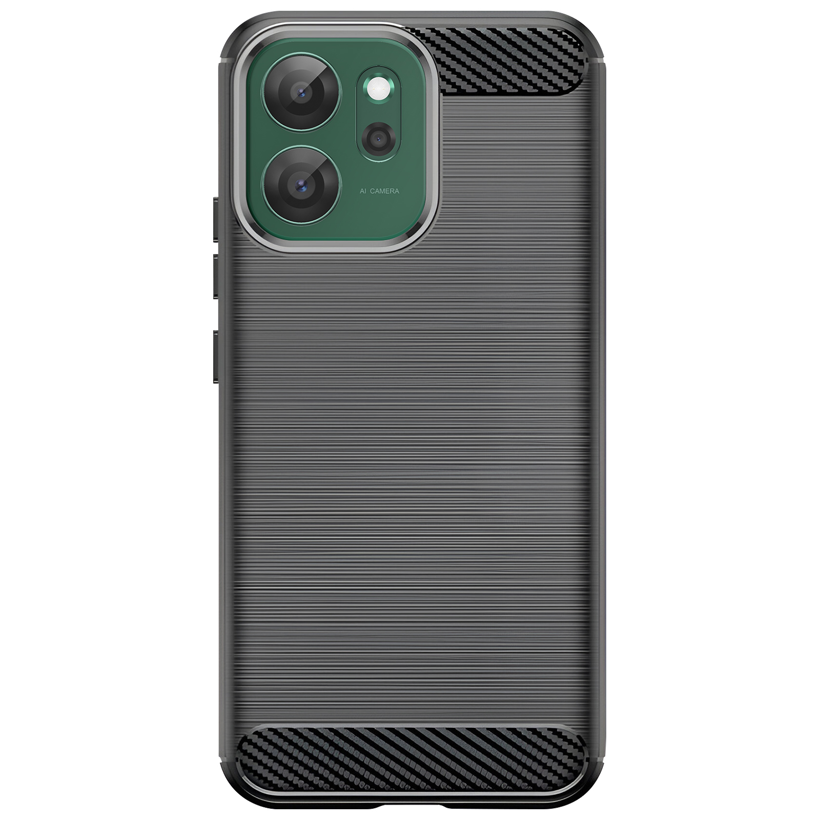 Une coque de téléphone avec un module caméra. Elle a un dos gris texturé et un design en fibre de carbone en haut et en bas.