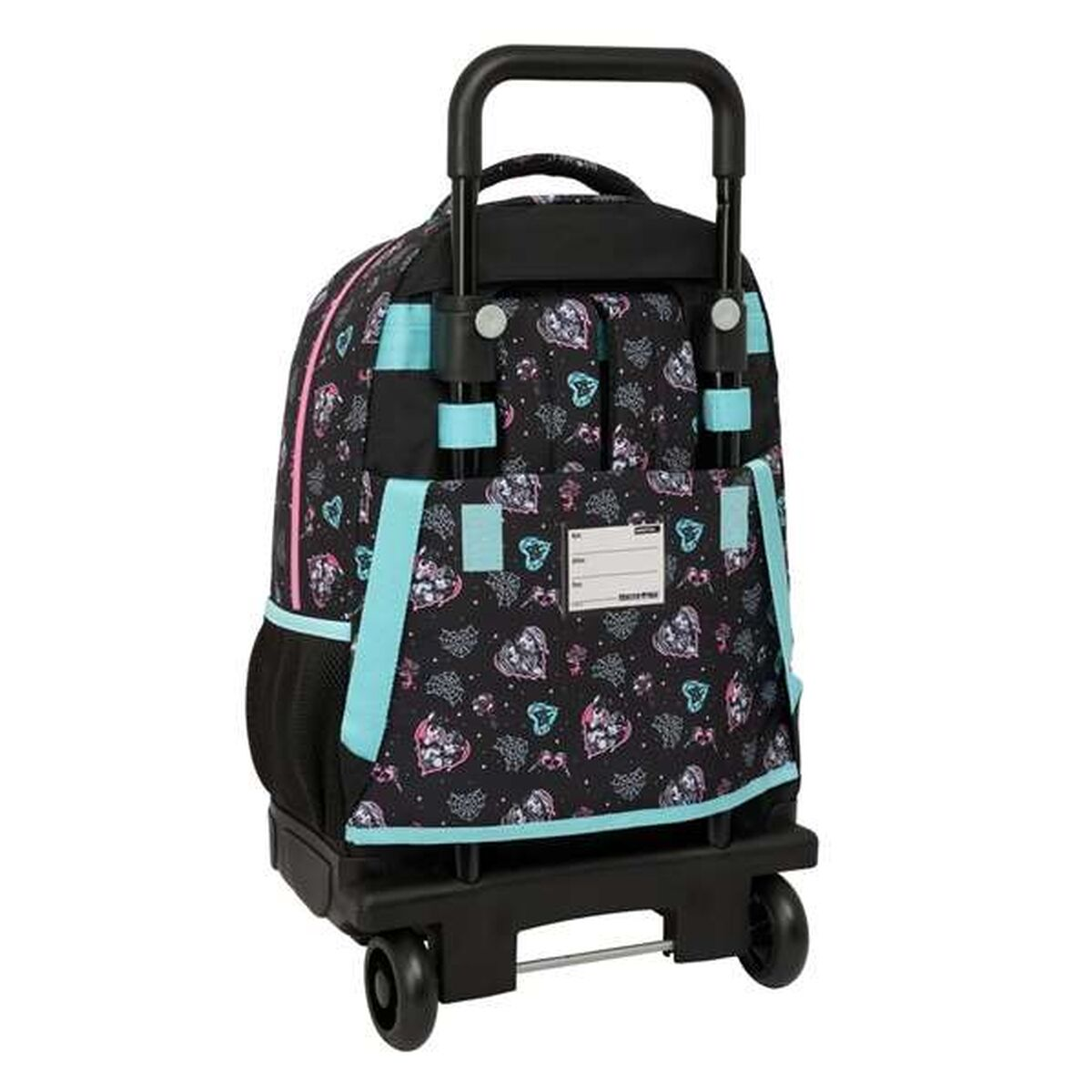 Ein schwarzer Rollrucksack mit Herzmuster, blauen Akzenten und einem ausziehbaren Griff. Er steht auf einem schwarzen Sockel mit Rädern.