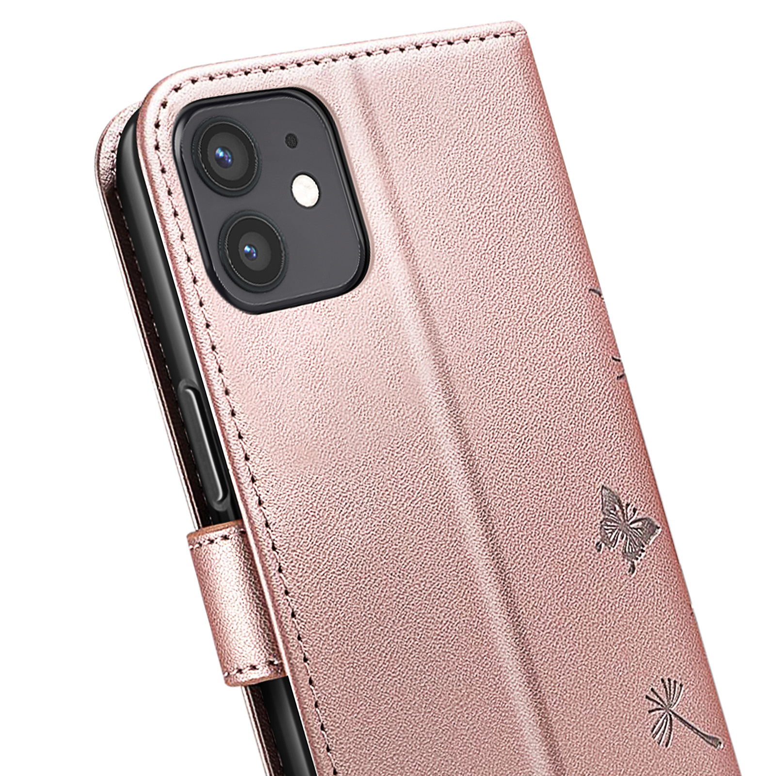 Roségoldfarbene Handyhülle mit Schmetterlings- und Löwenzahnmotiven. Die Kamera des Telefons ist sichtbar. Die Hülle ist genäht.