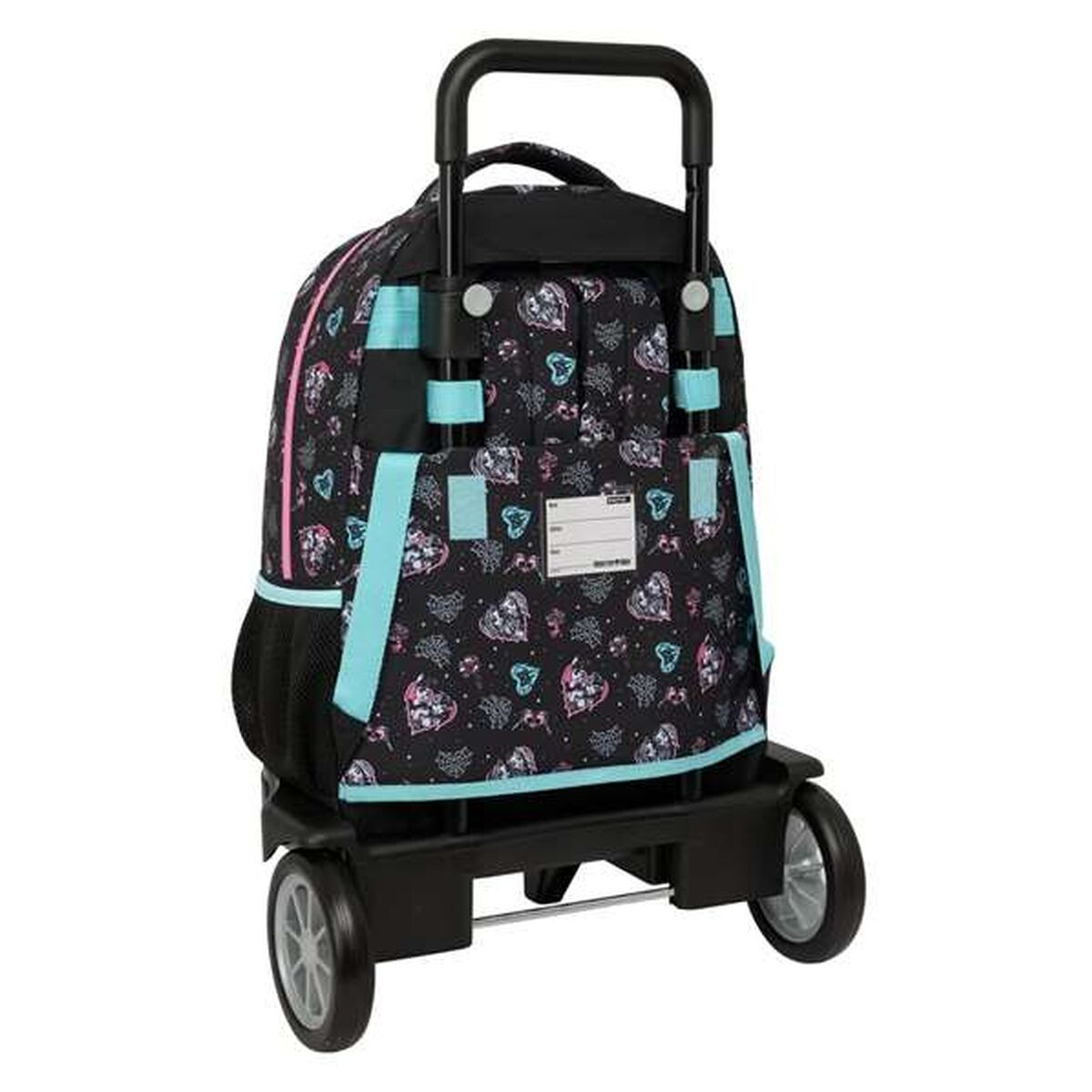 Ein schwarzer Rollrucksack mit Herzmuster, blauen Akzenten und ausziehbarem Griff. Er hat zwei Räder.