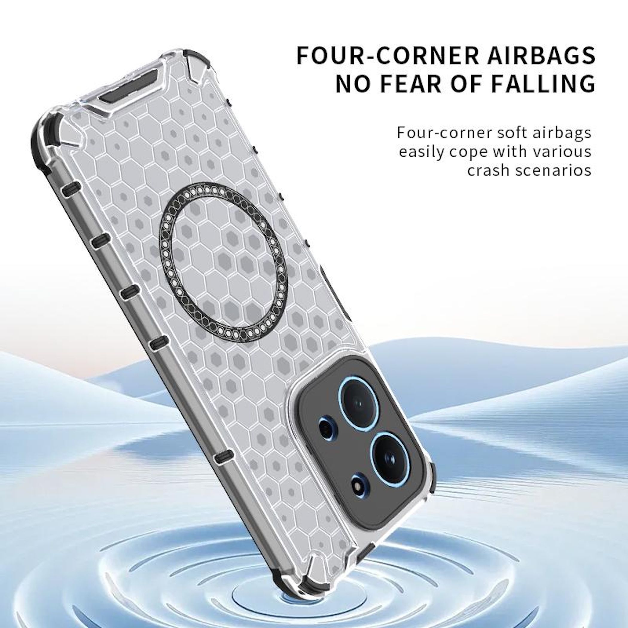 Eine Handyhülle mit Wabenmuster und einem Magnetring ist zu sehen, mit dem Text 'Four-corner airbags'.