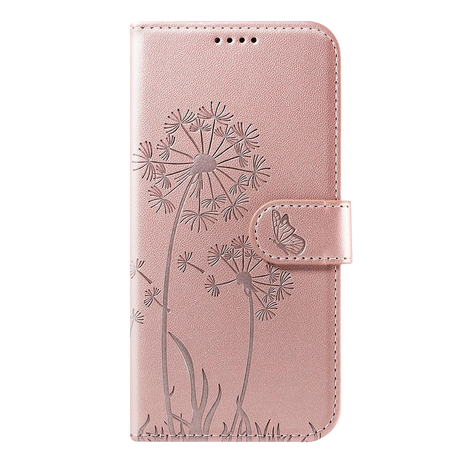 Rosa Handyhülle mit Pusteblumen-Design, Schmetterlingsverschluss. Strukturiertes lederartiges Material. Weißer Hintergrund.
