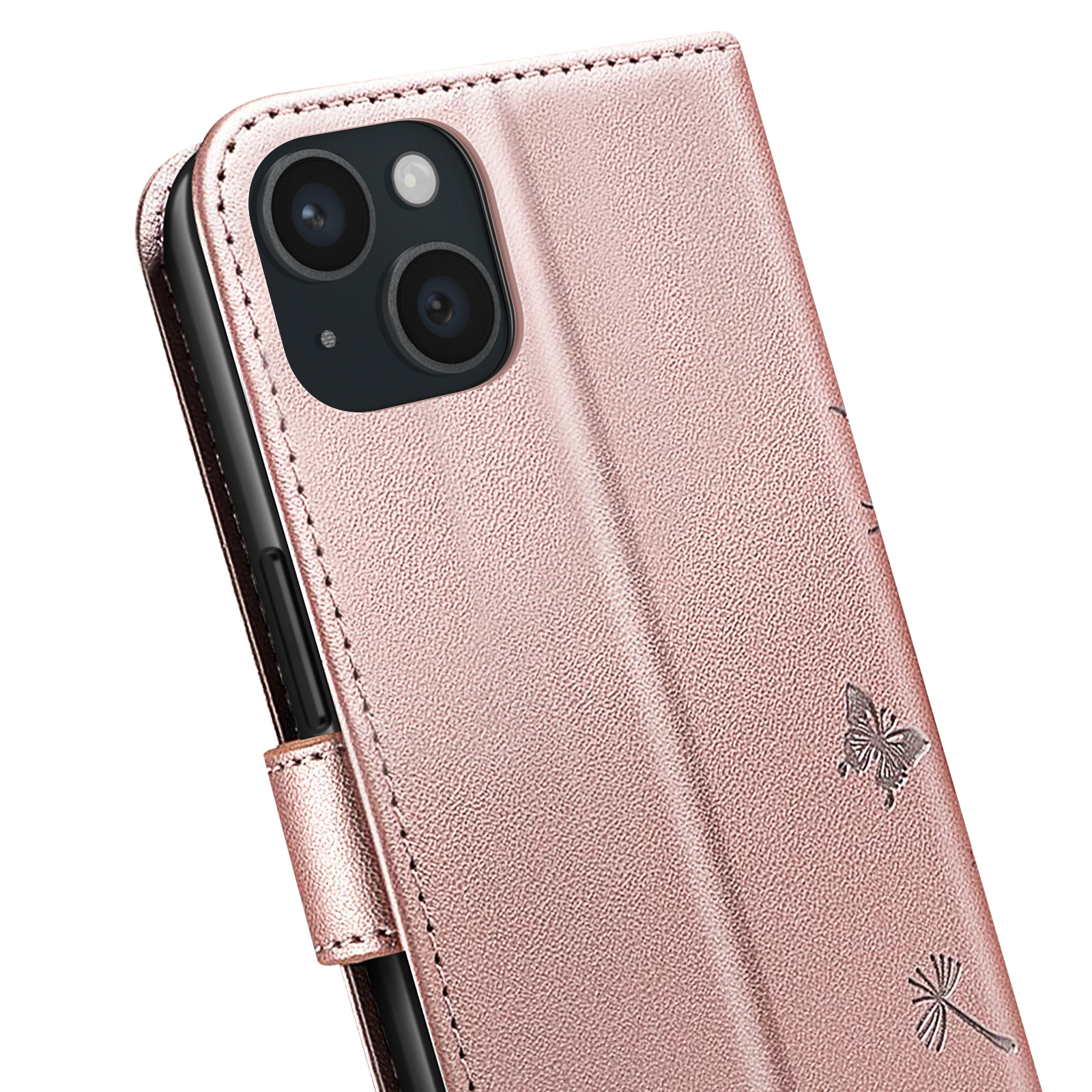 Roségoldfarbene Handyhülle mit Schmetterlings- und Pflanzendesign. Doppelkamera sichtbar. Weißer Hintergrund.