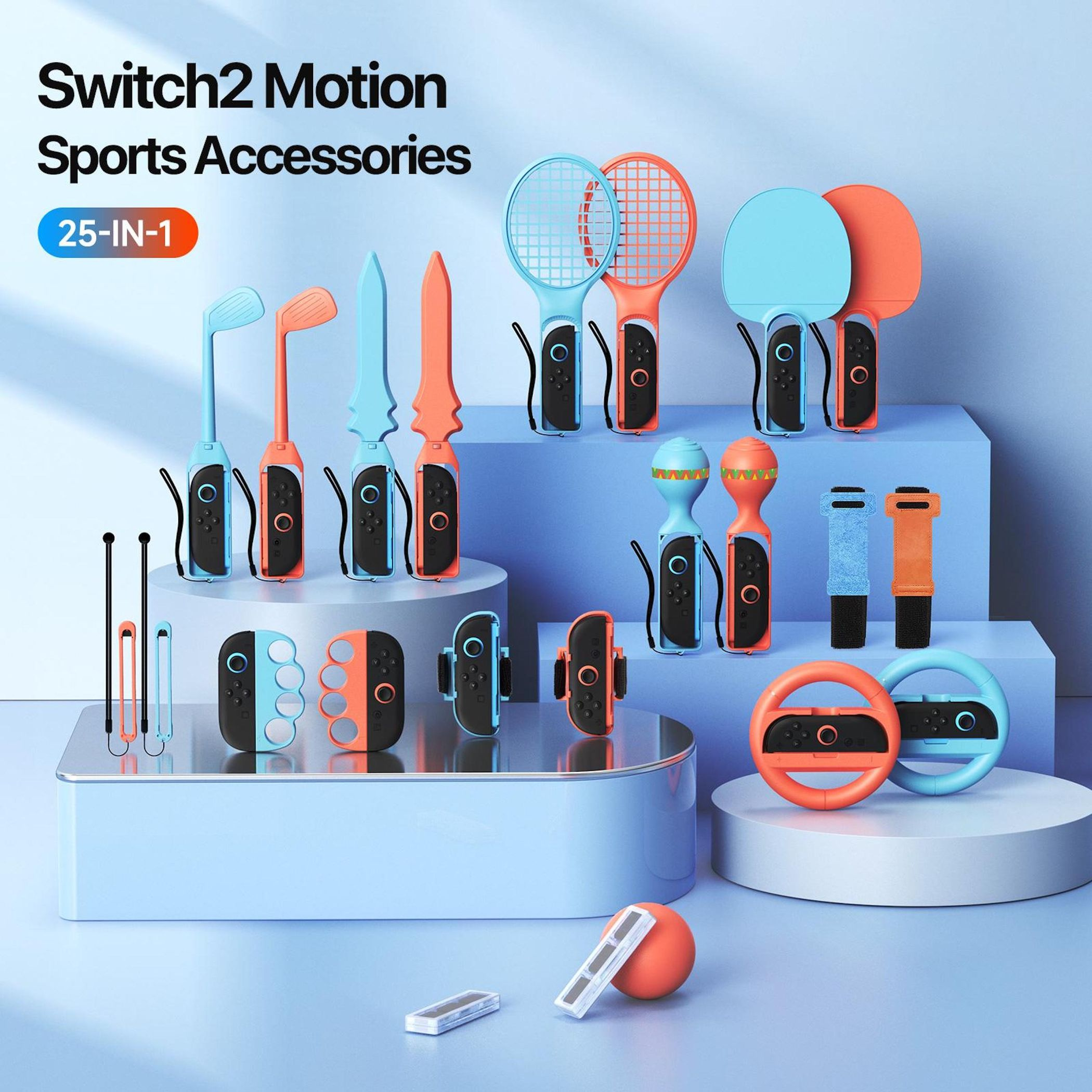La imagen muestra accesorios deportivos Switch2 Motion en azul y naranja. Los accesorios incluyen palos de golf, raquetas de tenis y volantes.
