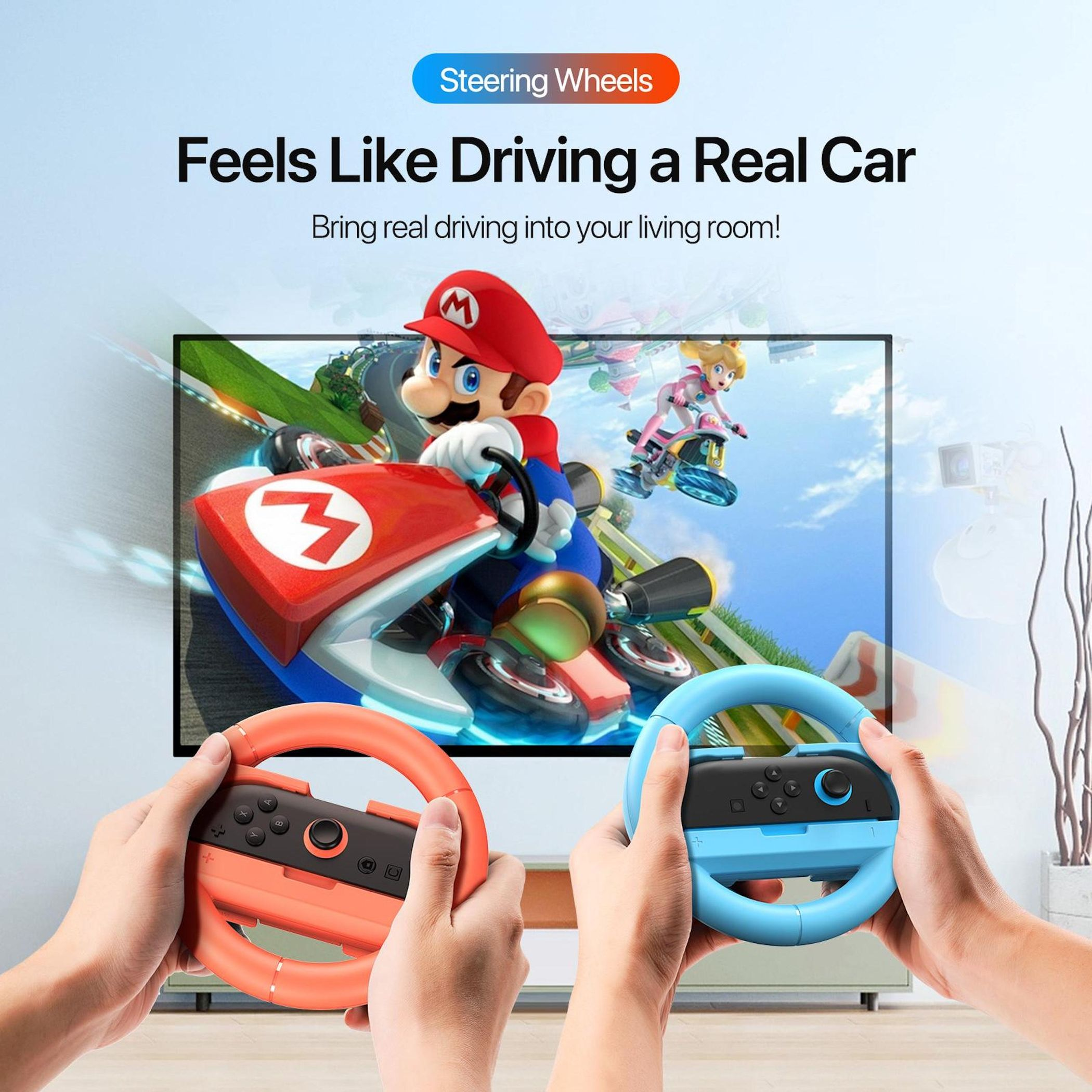 Manos sosteniendo controladores de volante naranja y azul. Un televisor muestra Mario Kart. Texto: Se siente como conducir un coche real.