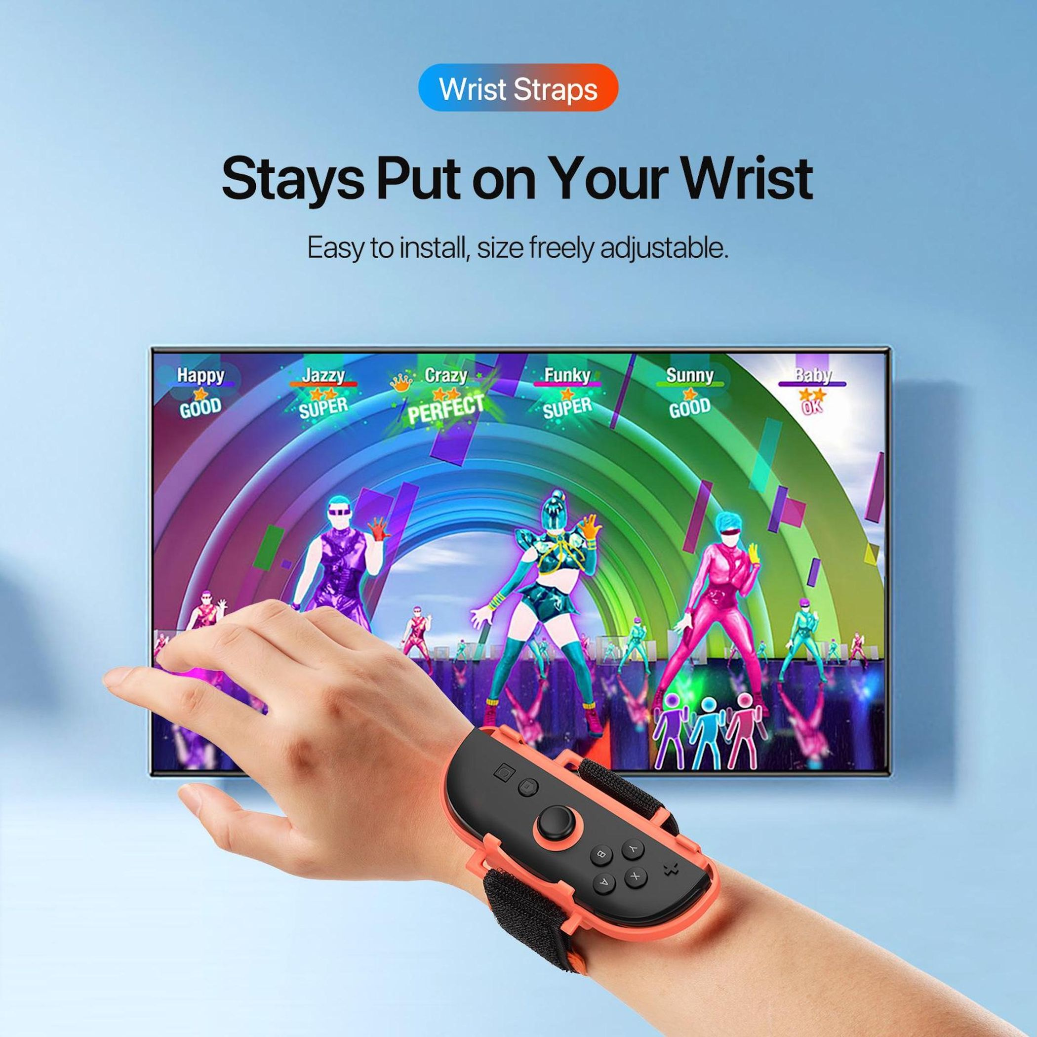 Una mano con una correa de muñeca, jugando un juego de baile en la televisión. El texto dice 'Stays Put on Your Wrist'.