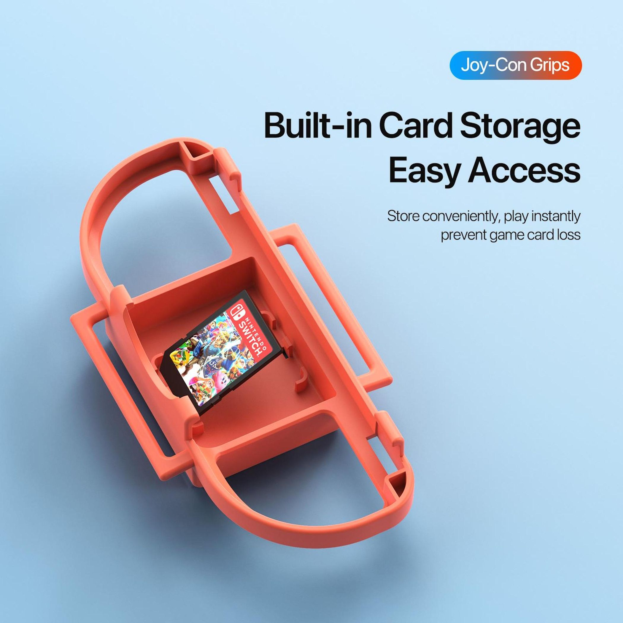 Un agarre naranja para Joy-Con con un cartucho de juego dentro. El texto dice 'Built-in Card Storage Easy Access'.